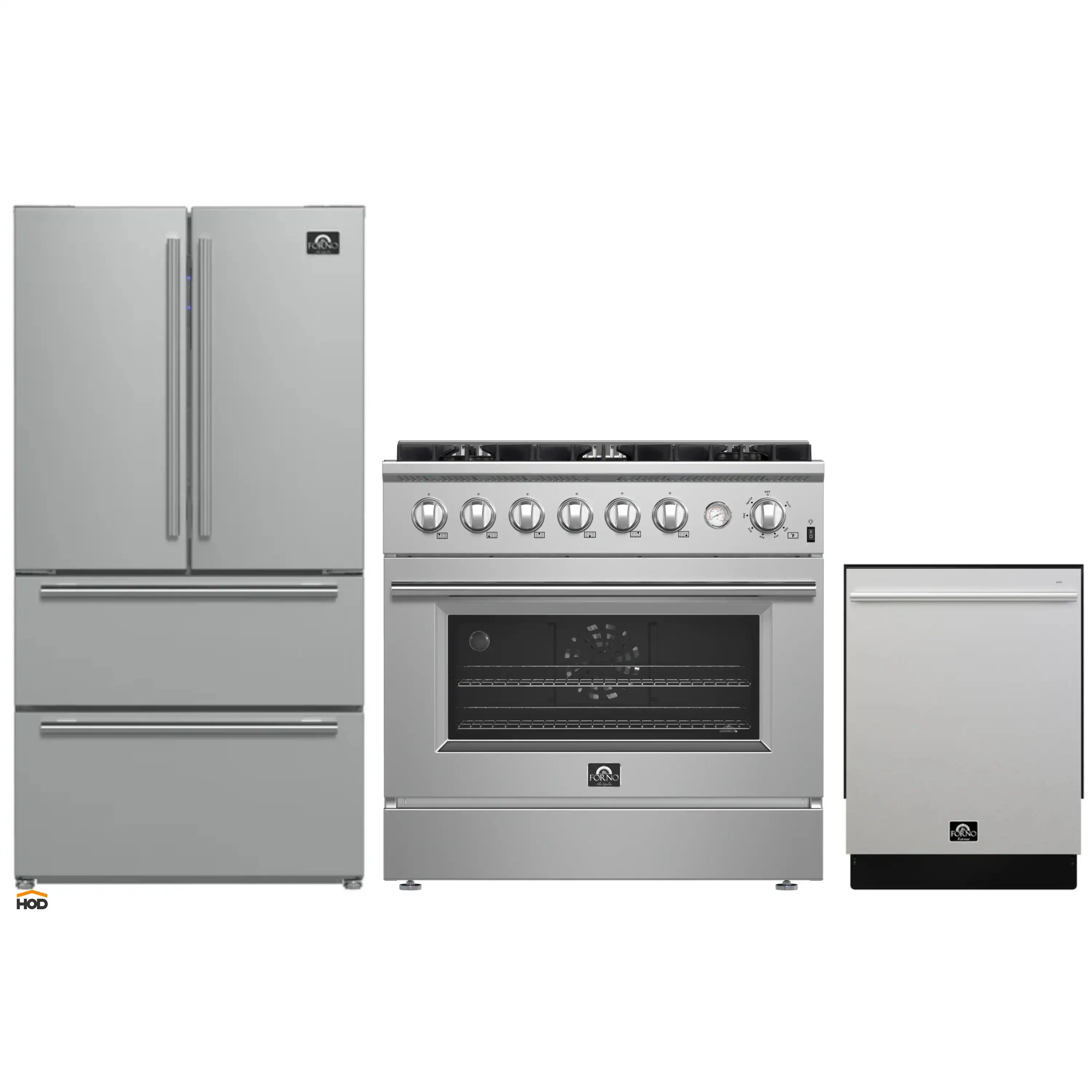 Stainless appliance package: french-door refrigerator, gas range, and dishwasher