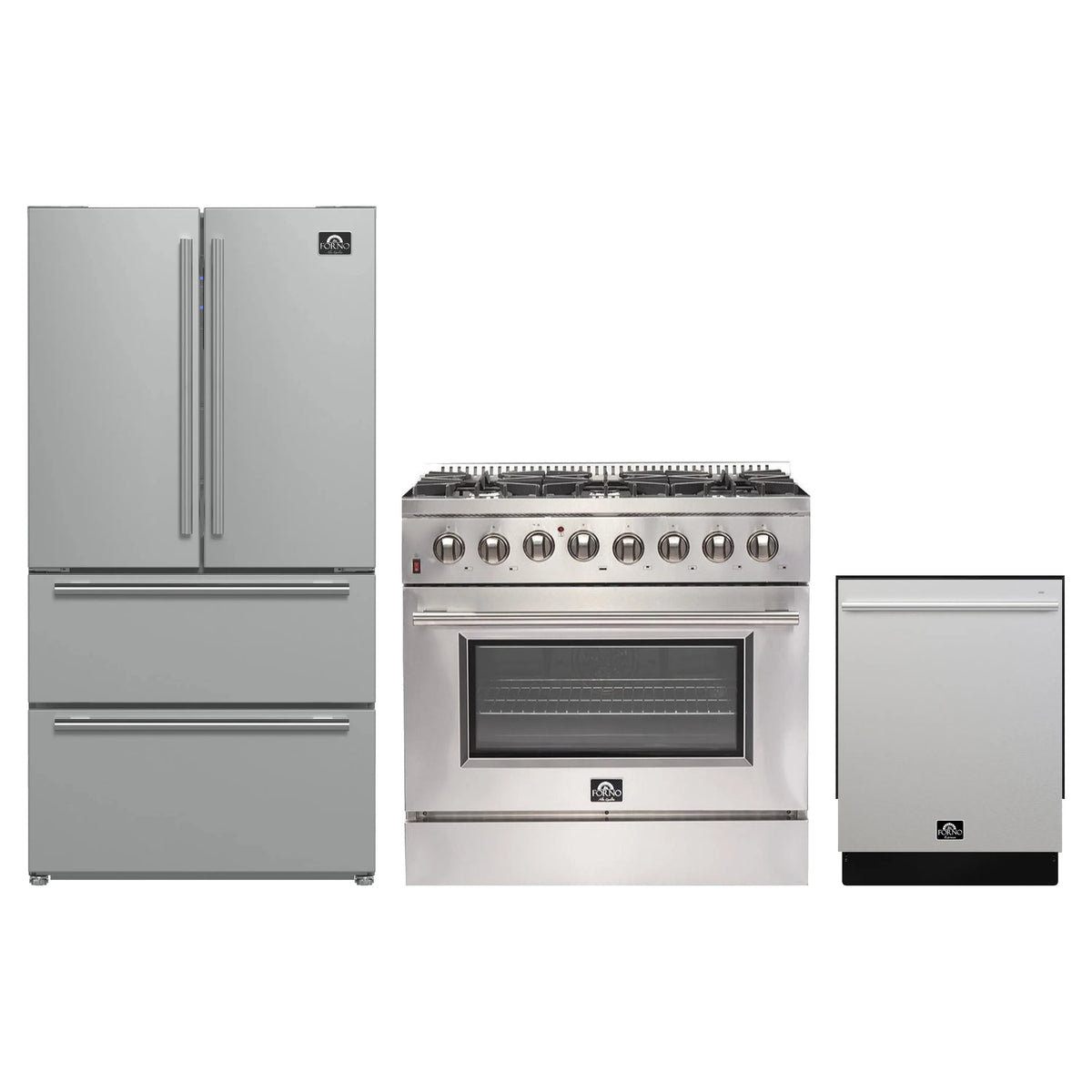 Forno 3-Piece Appliance Package - 36-Inch Galiano Dual Fuel Range, French Door Refrigerator, & Dishwasher in Stainless Steel (FBDL-009-02CAUS)