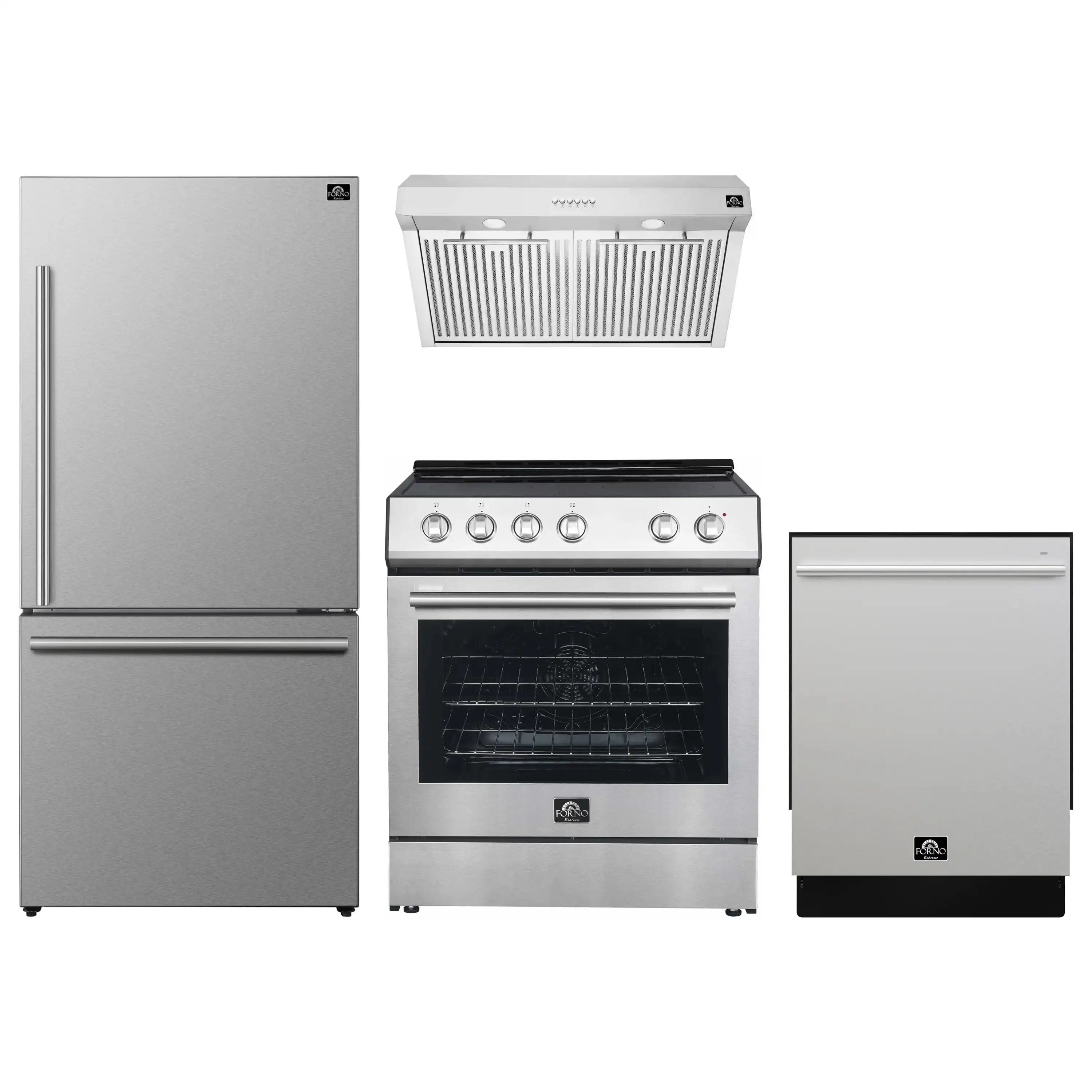 Stainless steel kitchen appliance package: refrigerator, range, hood, and dishwasher