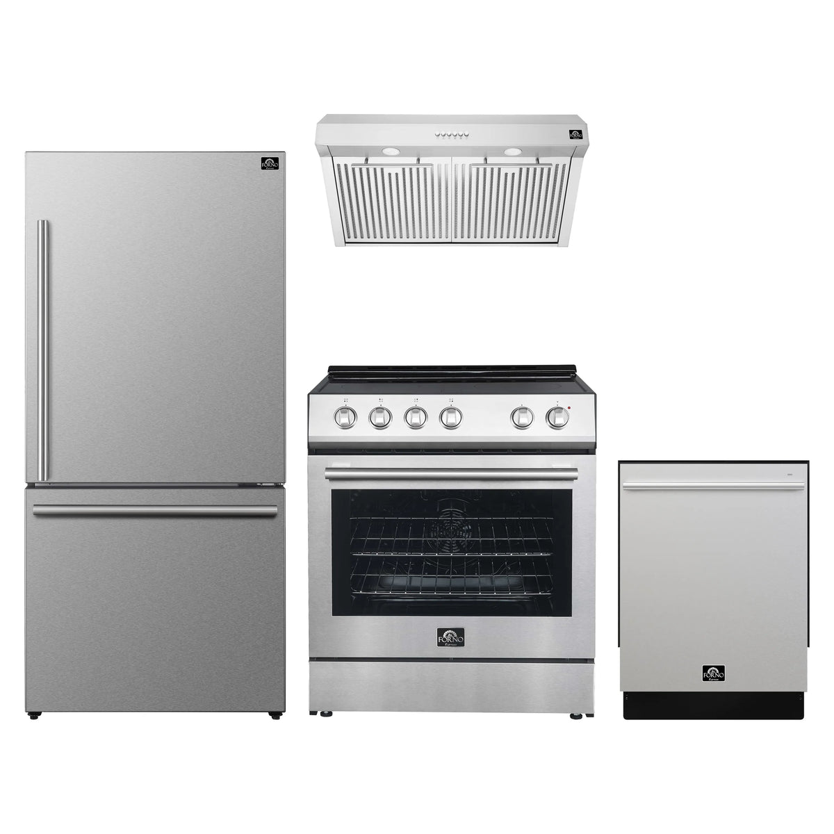 FORNO 4-Piece Appliance Package- 30-Inch Electric Range, Under Cabinet Range Hood, 31-Inch Refrigerator, and Built-In Dishwasher in Stainless Steel (FBDL-010-01US)