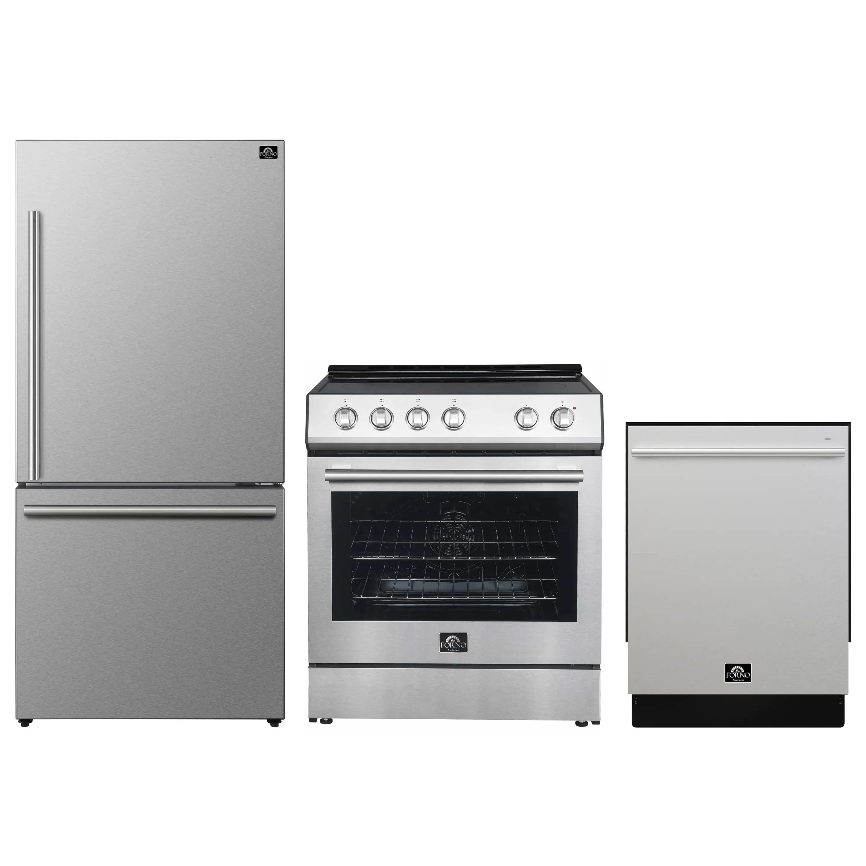 Stainless steel appliance package: refrigerator, electric range, and built-in dishwasher