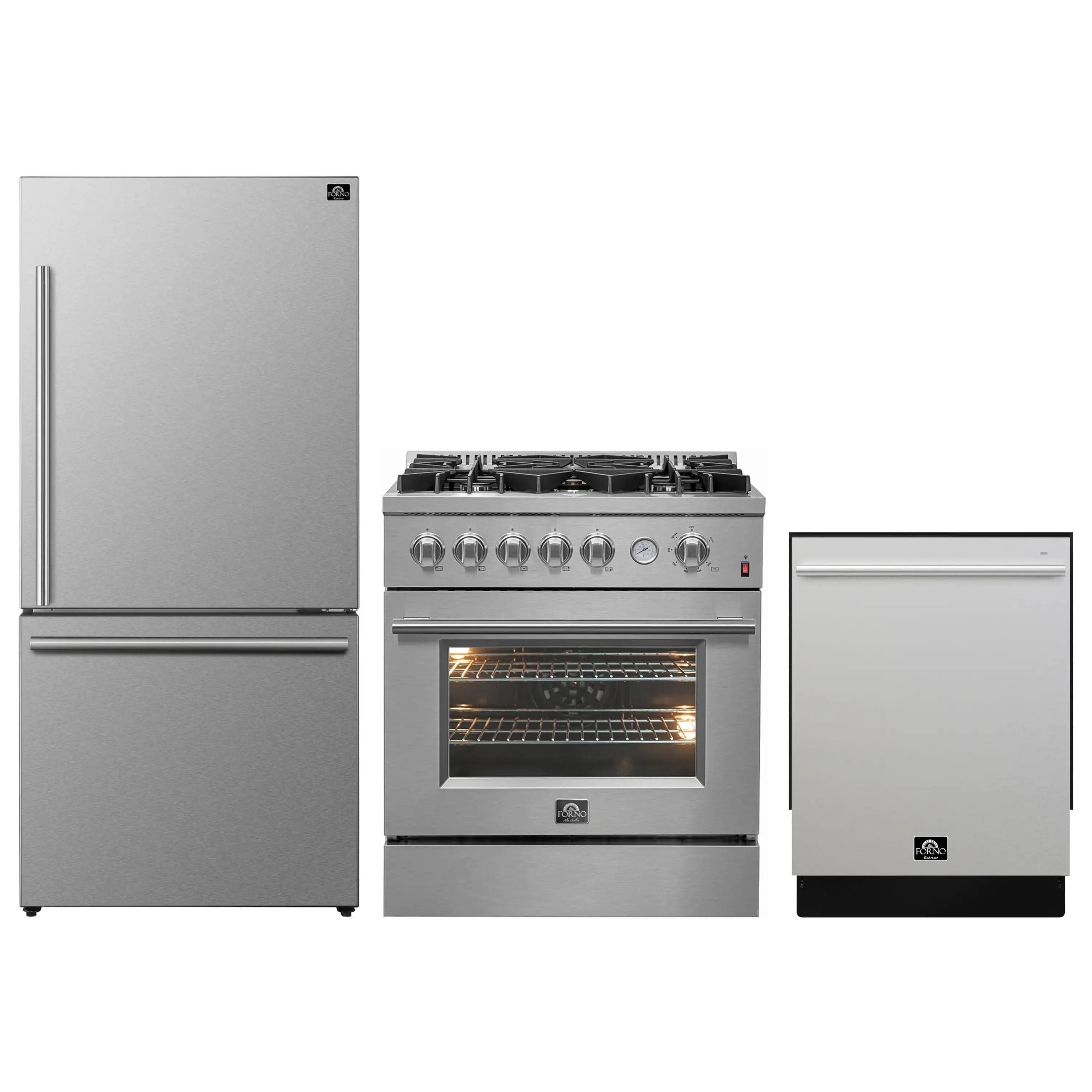 Stainless appliance package: refrigerator, gas range, and built-in dishwasher