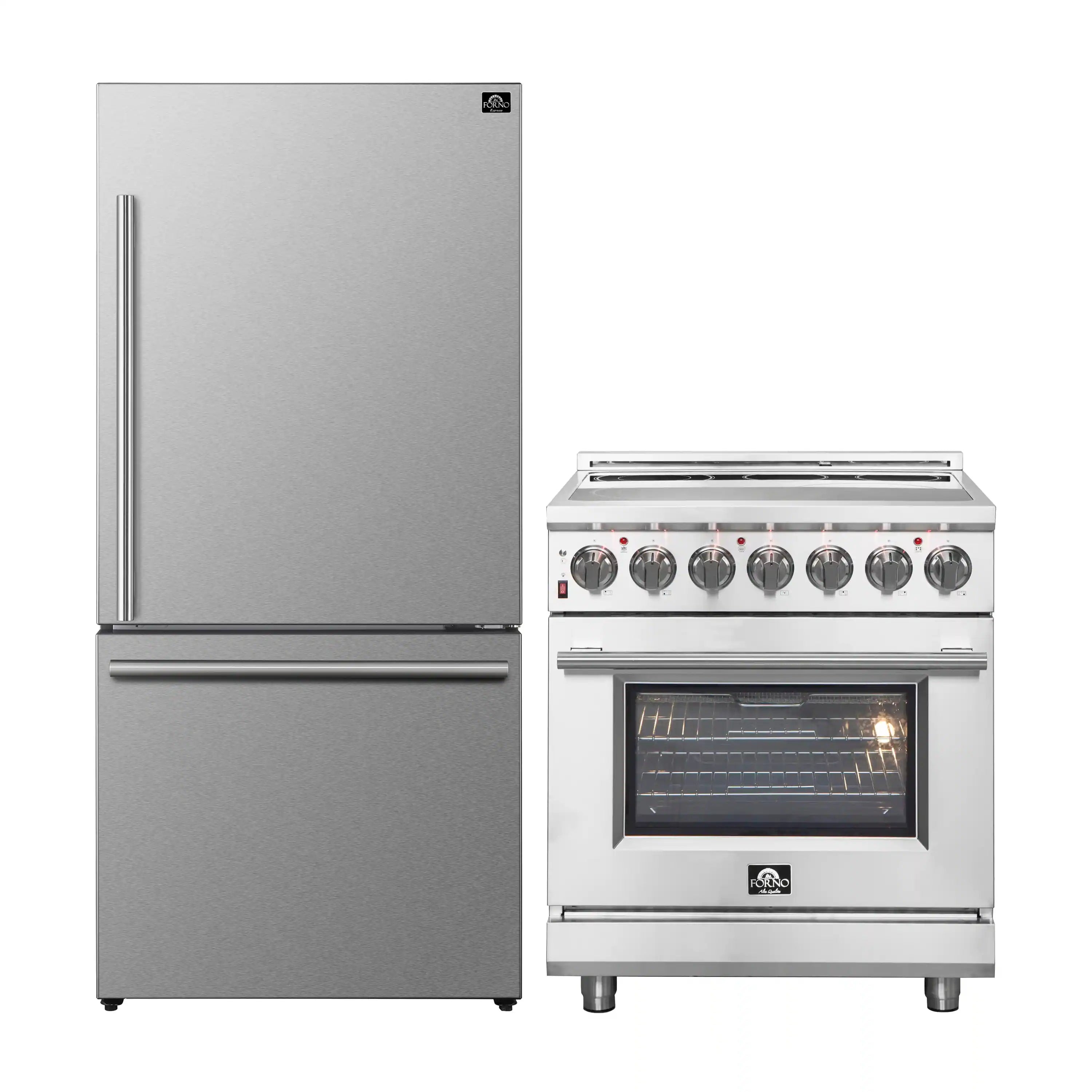 Stainless steel electric range beside a stainless refrigerator, both with clean doors