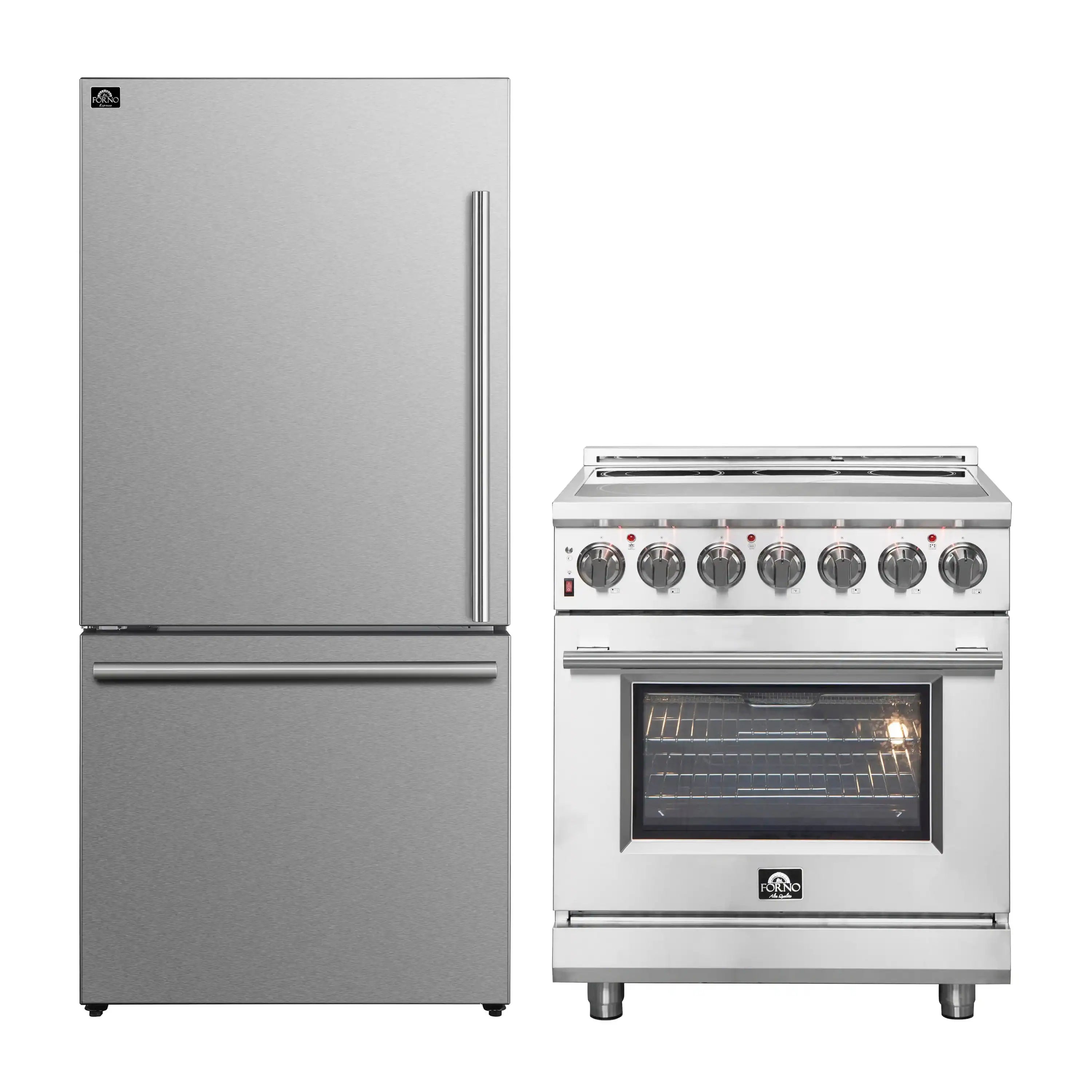 Stainless steel electric range with lit oven and refrigerator side-by-side