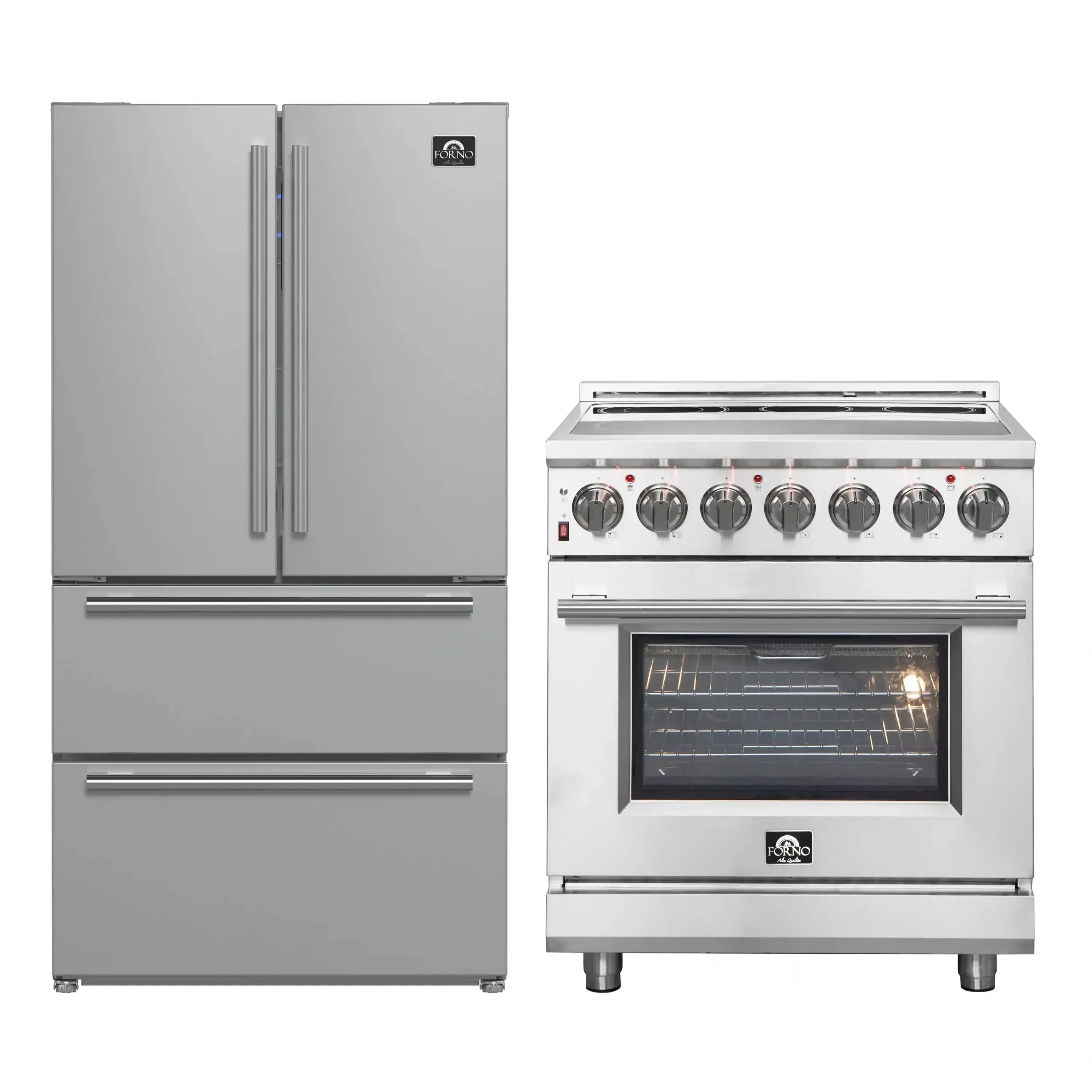 Stainless steel French-door refrigerator and electric range with oven window and 6 control knobs