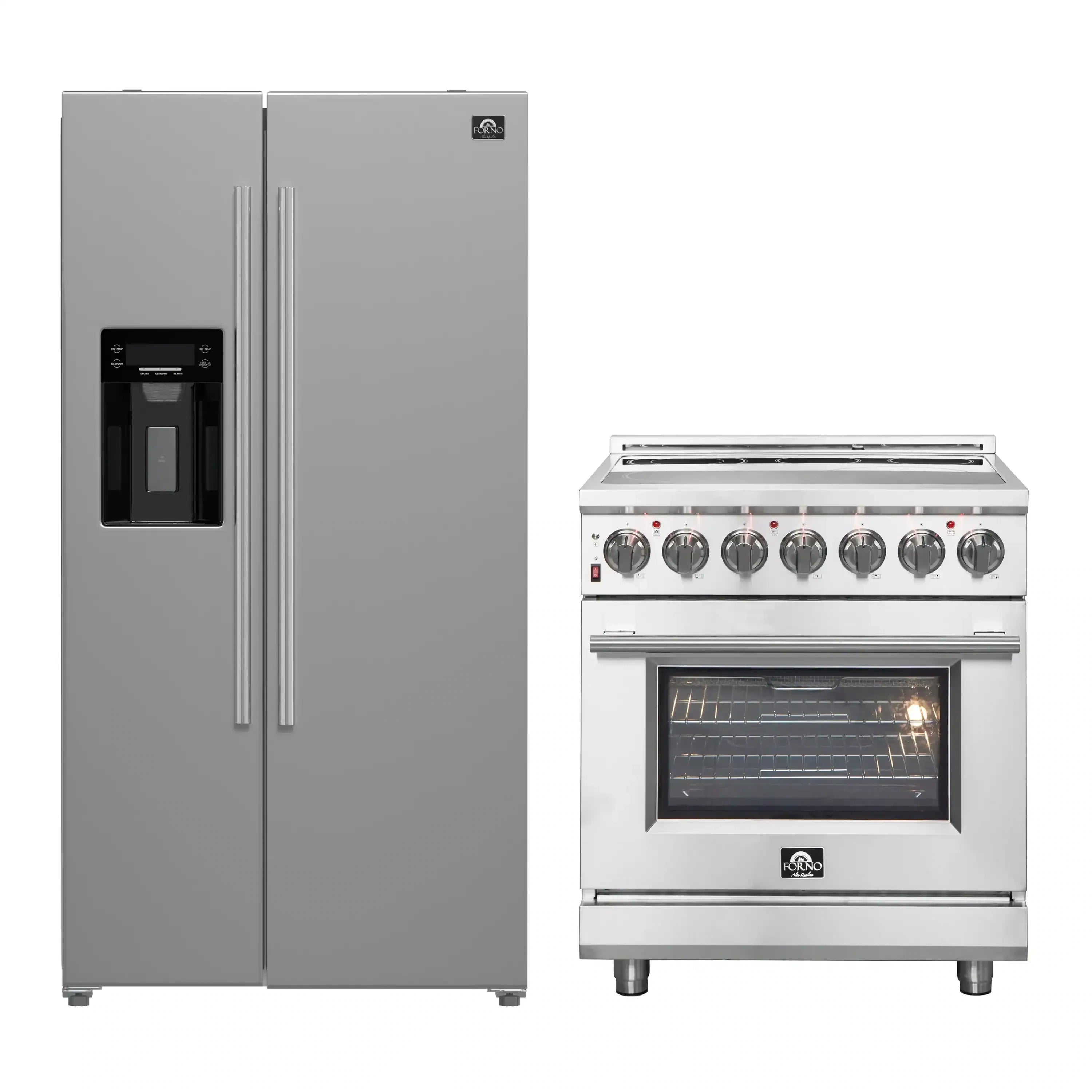 Stainless steel refrigerator with water dispenser and freestanding electric range