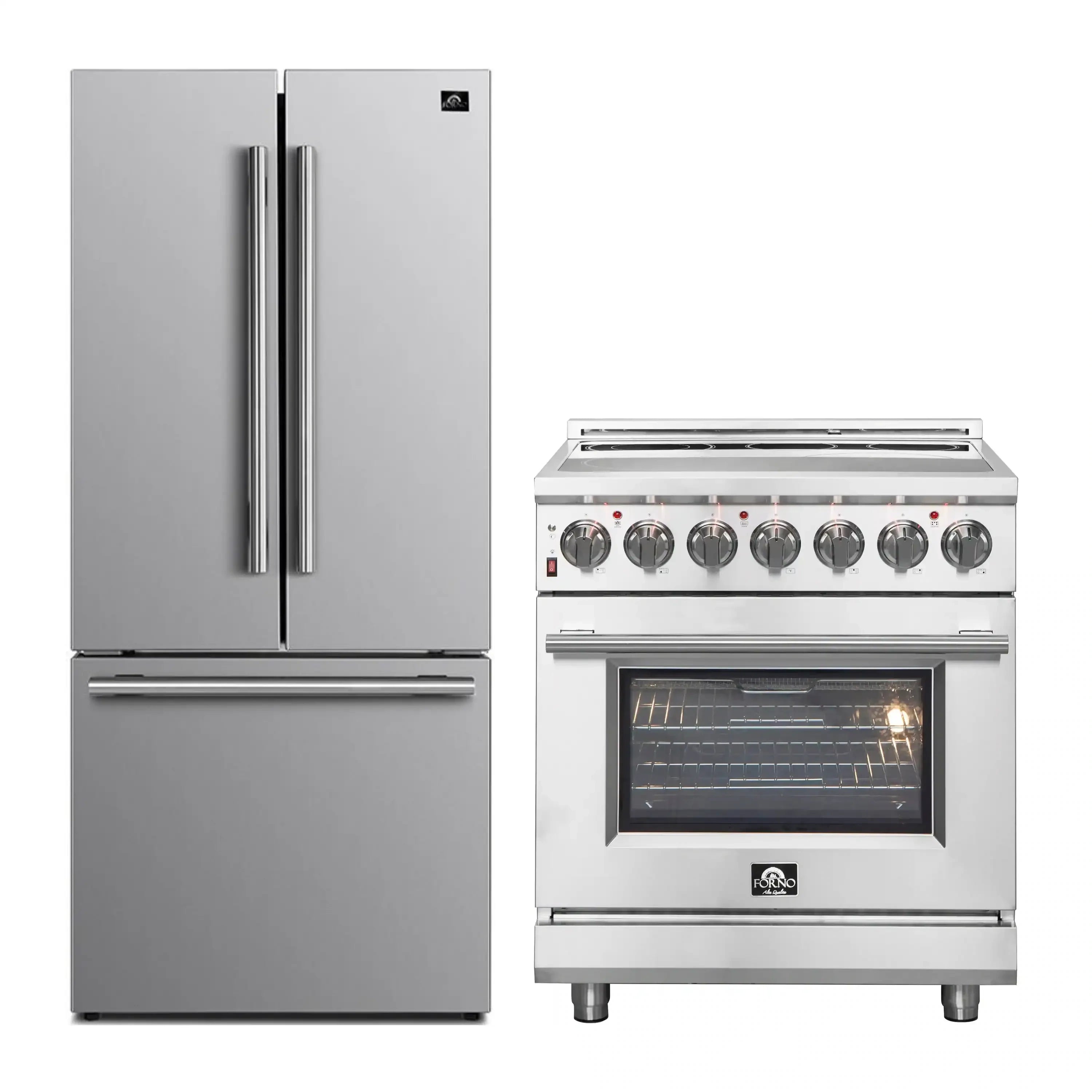 Stainless french door refrigerator and electric range with oven door and control knobs