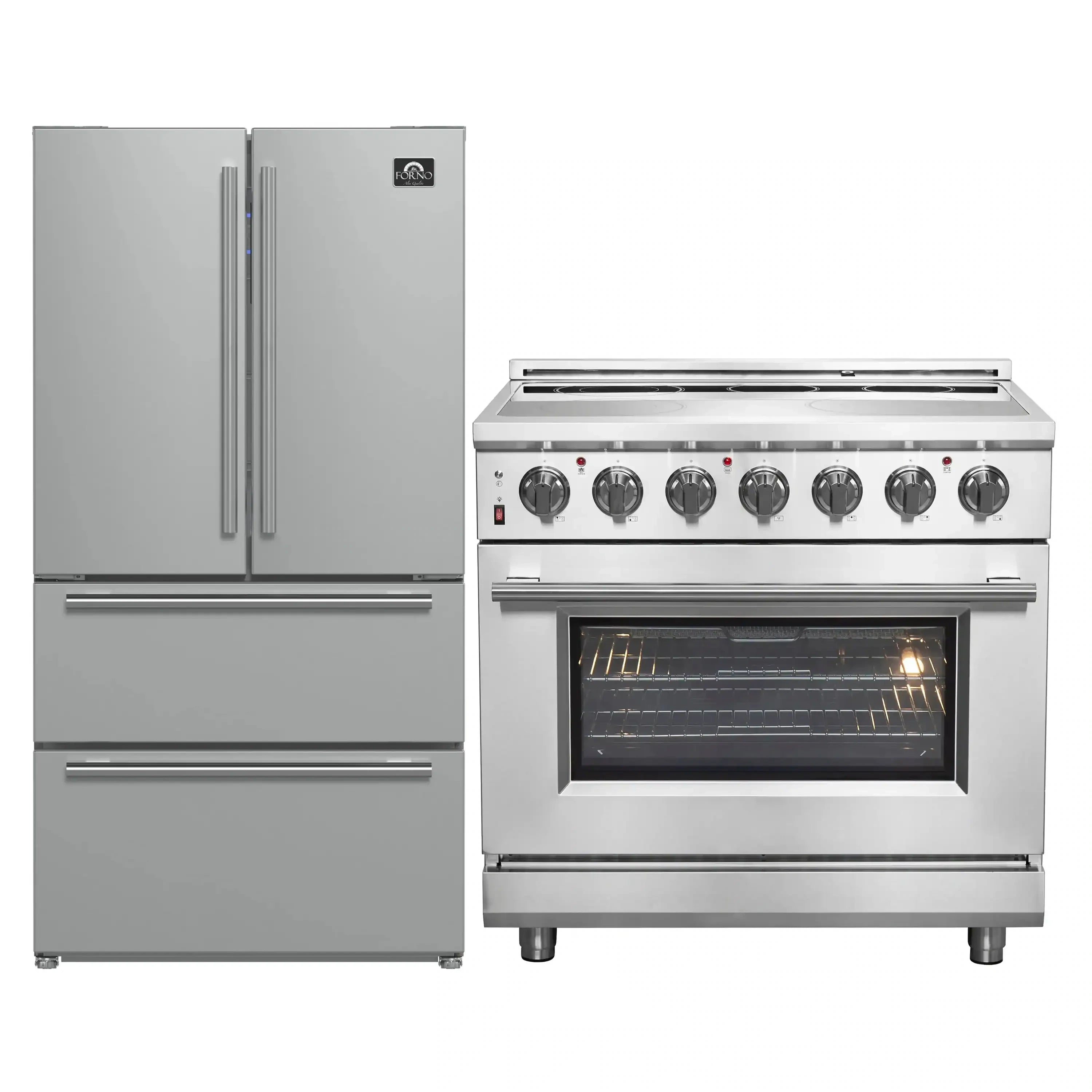 Stainless French-door refrigerator and electric range with knobs and lit oven window
