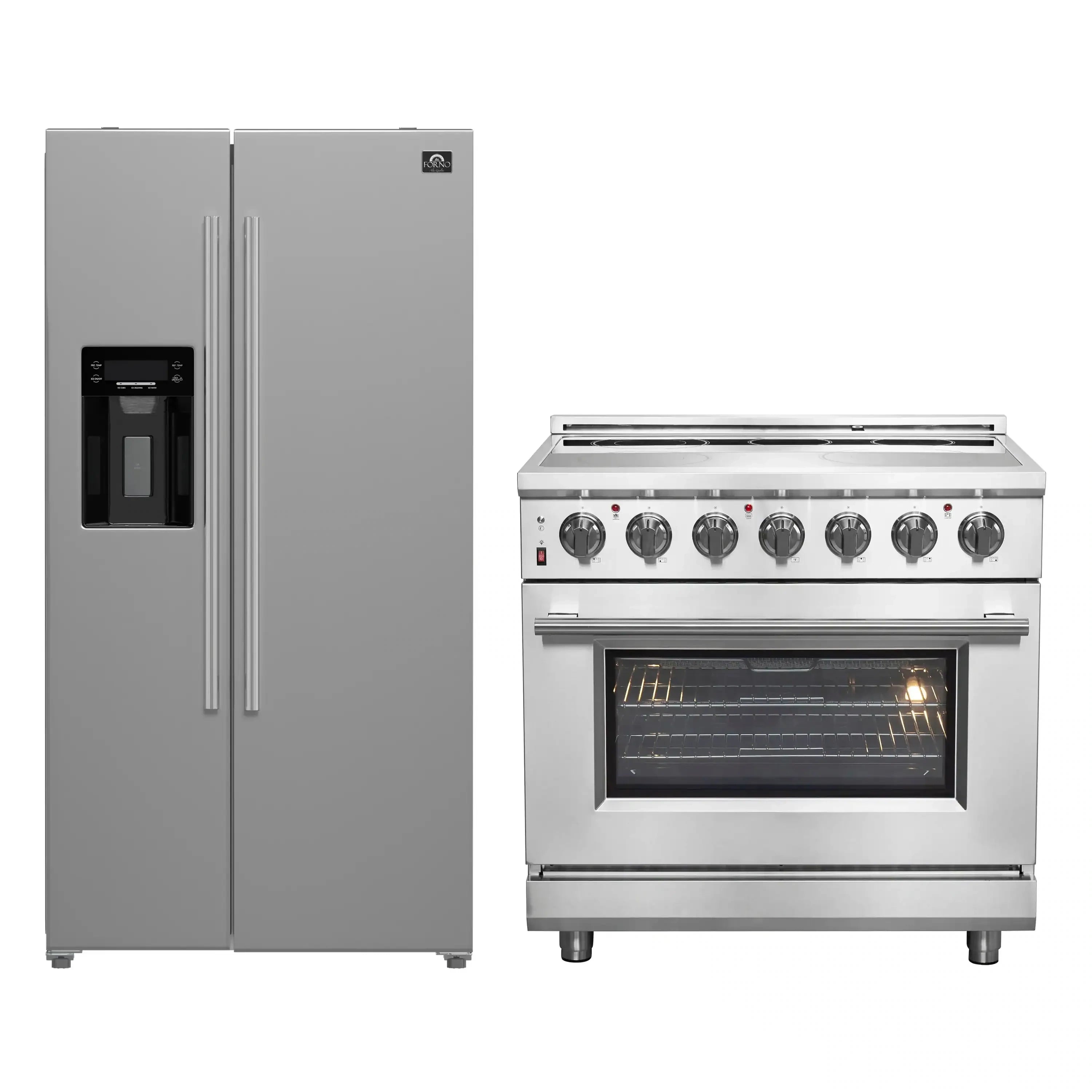 Stainless steel electric range and side-by-side refrigerator with water dispenser
