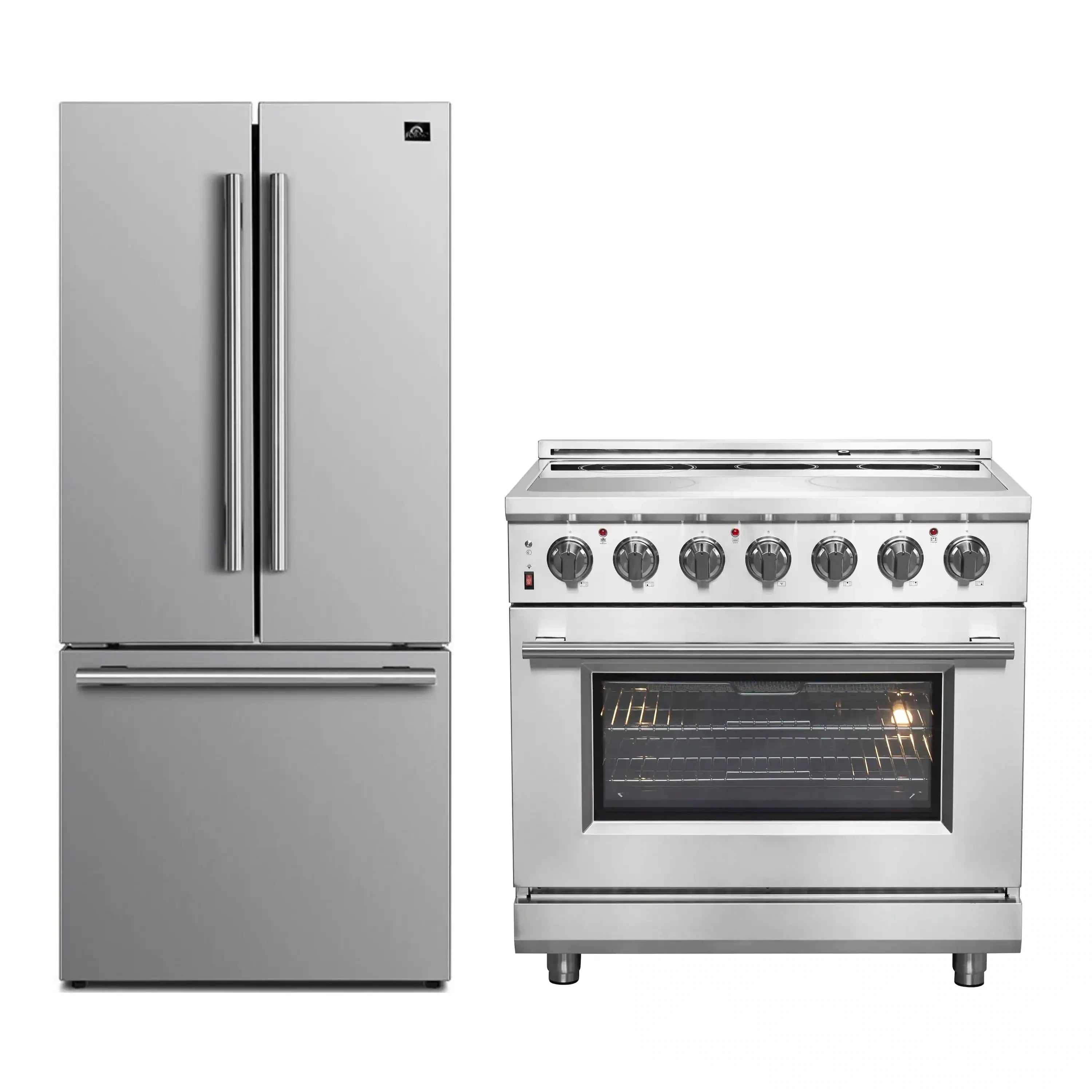 Stainless steel electric range and French door refrigerator appliance set
