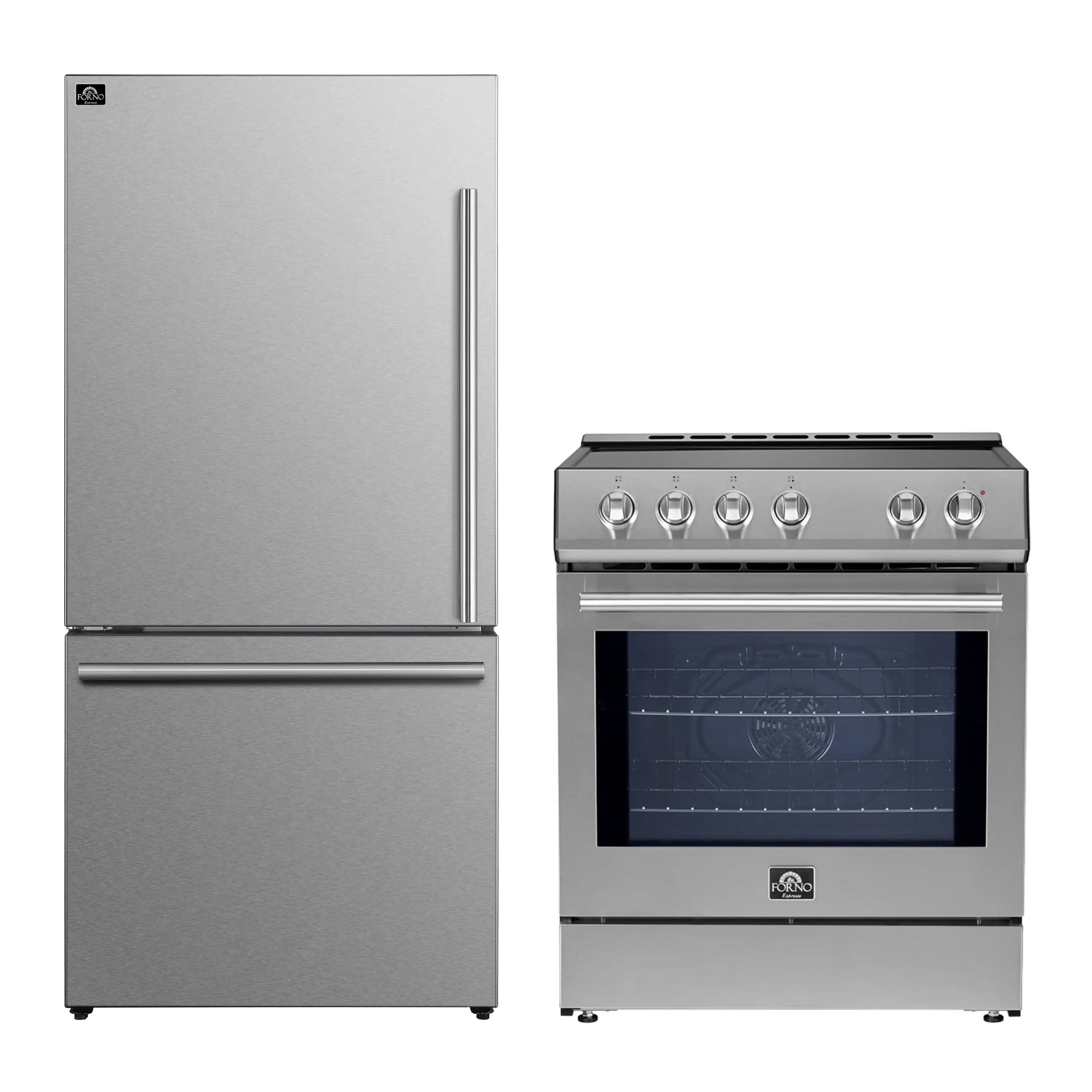 Stainless steel induction range and refrigerator set with matching vertical handles