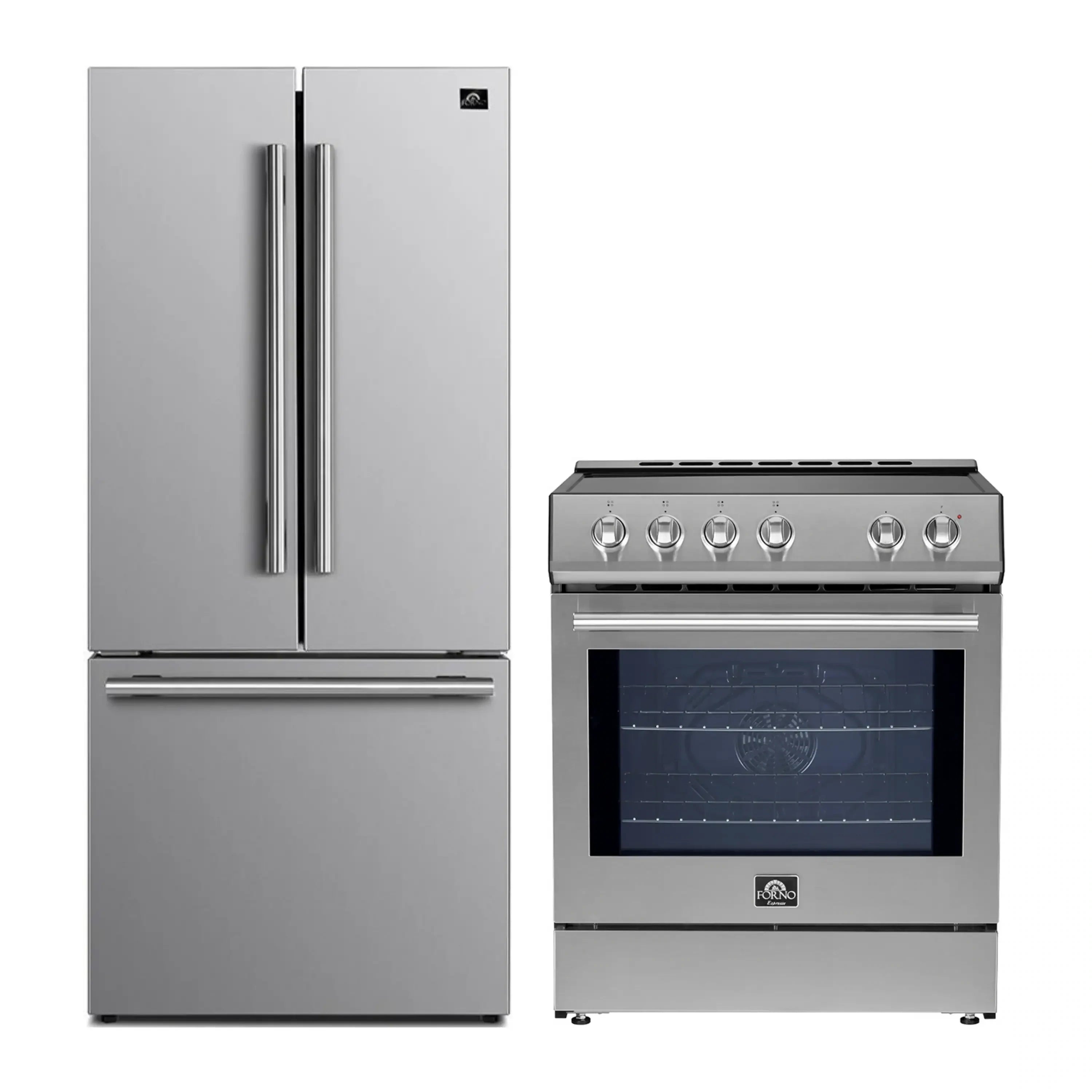 Stainless steel refrigerator and induction range with digital oven display, side-by-side.