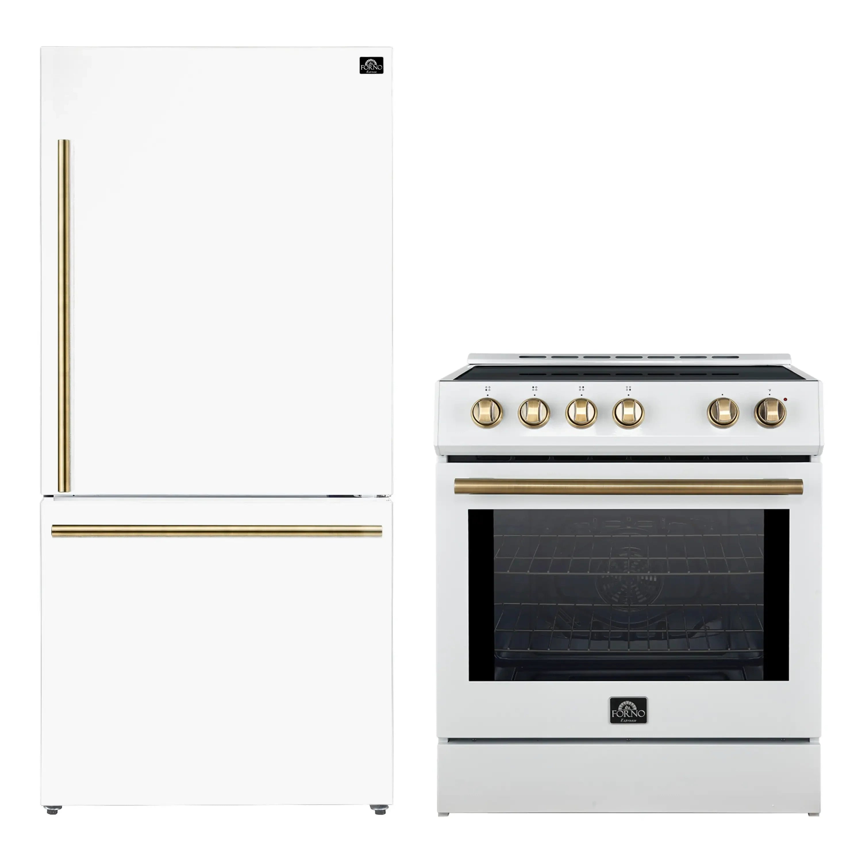 White two-door refrigerator with brass-toned handle next to a white slide-in induction range