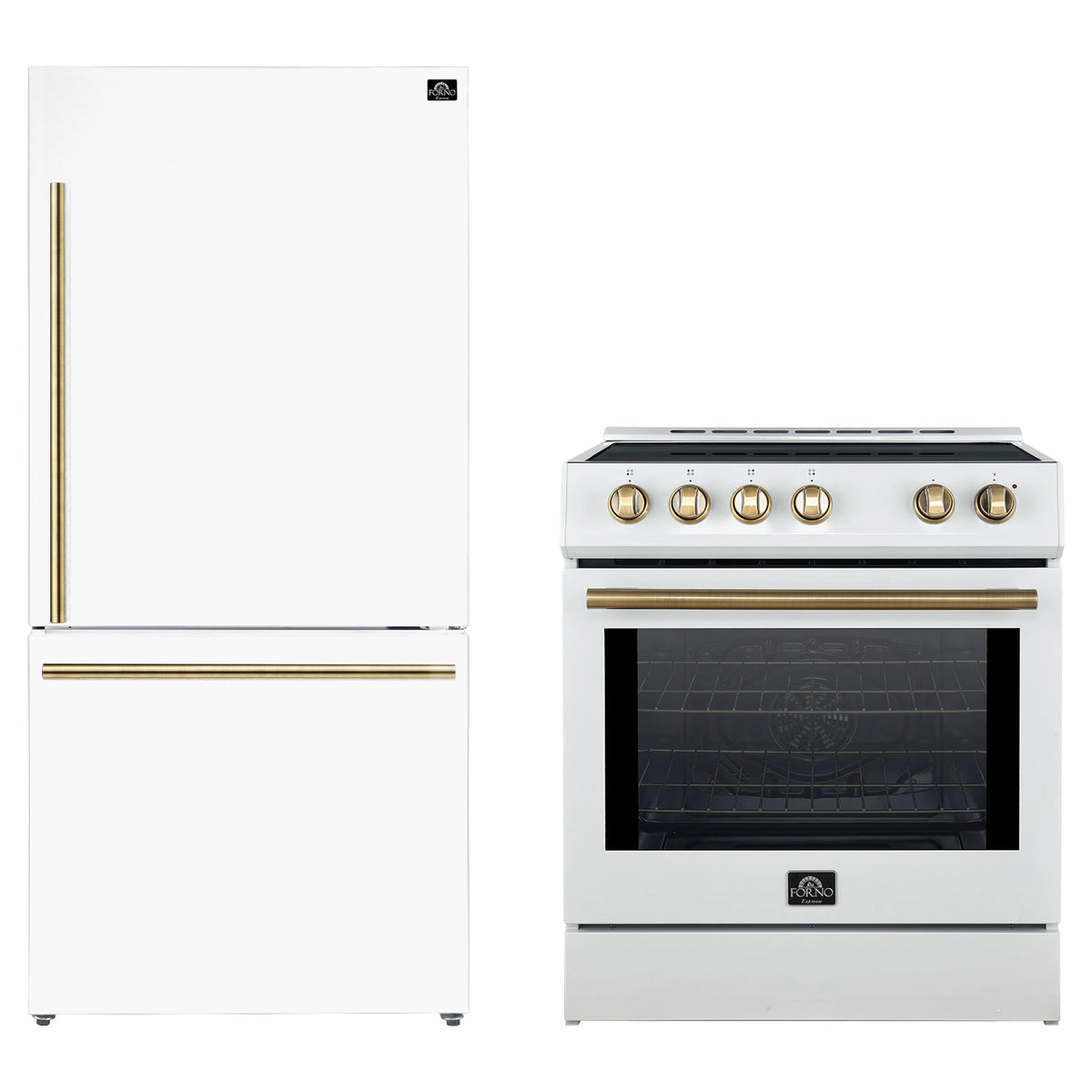 Forno 2-Piece Appliance Package - 30-Inch Slide-In Induction Range and 31-Inch Refrigerator, Right Hinge in White with Antique Brass Trim (FBDL-014-06CAUS)