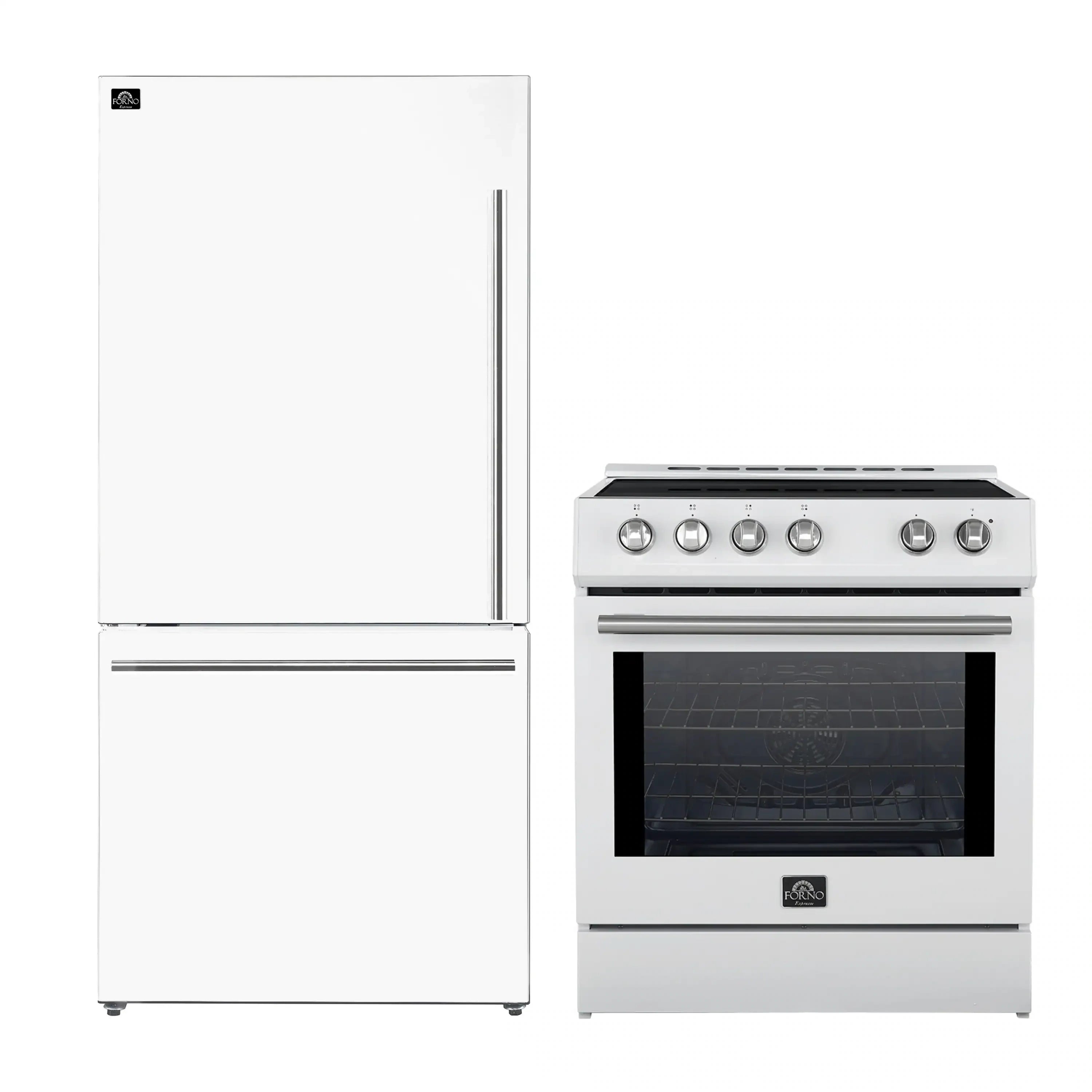 White refrigerator and slide-in induction range with stainless knobs and oven door