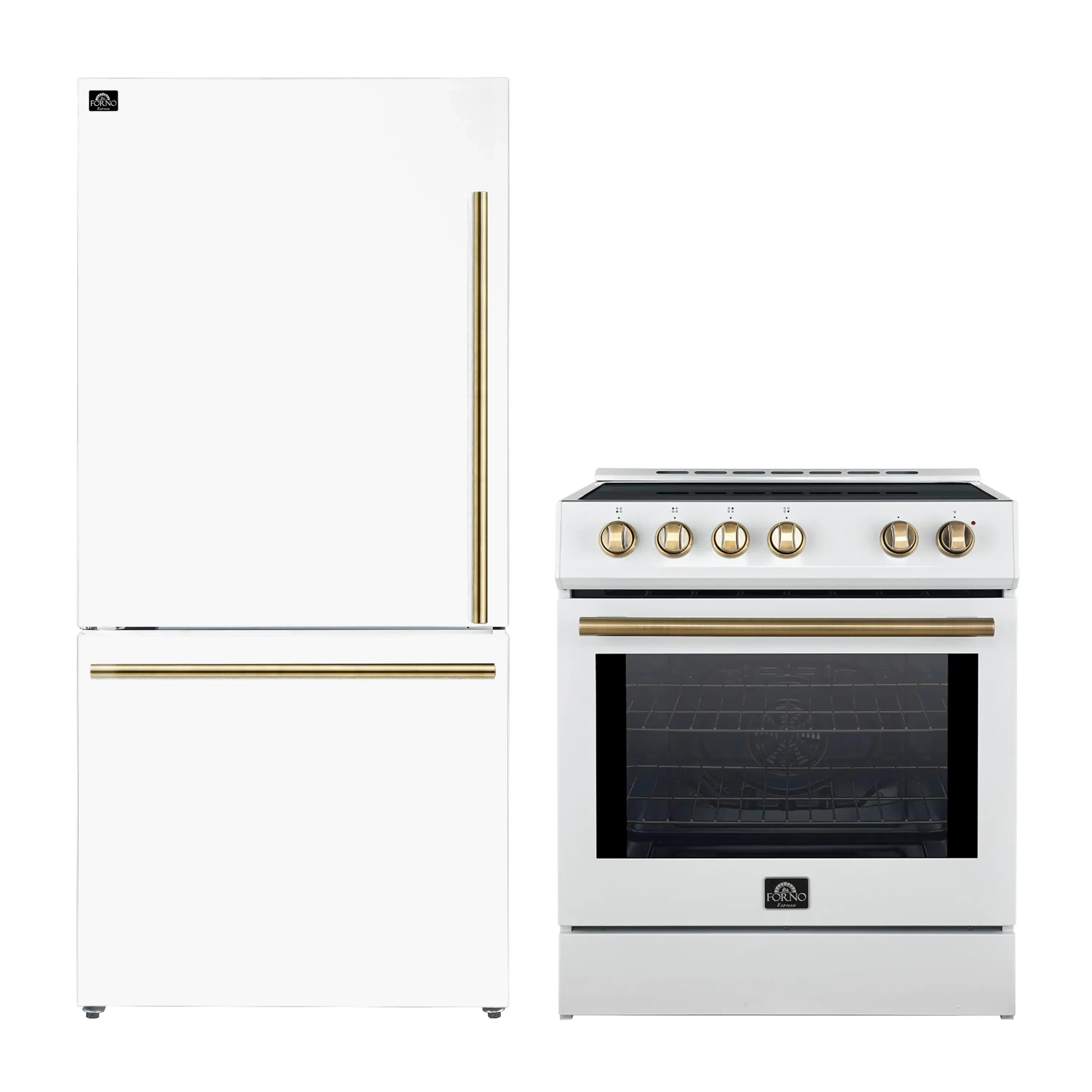 Two-piece set: white refrigerator and slide-in induction range with brass controls
