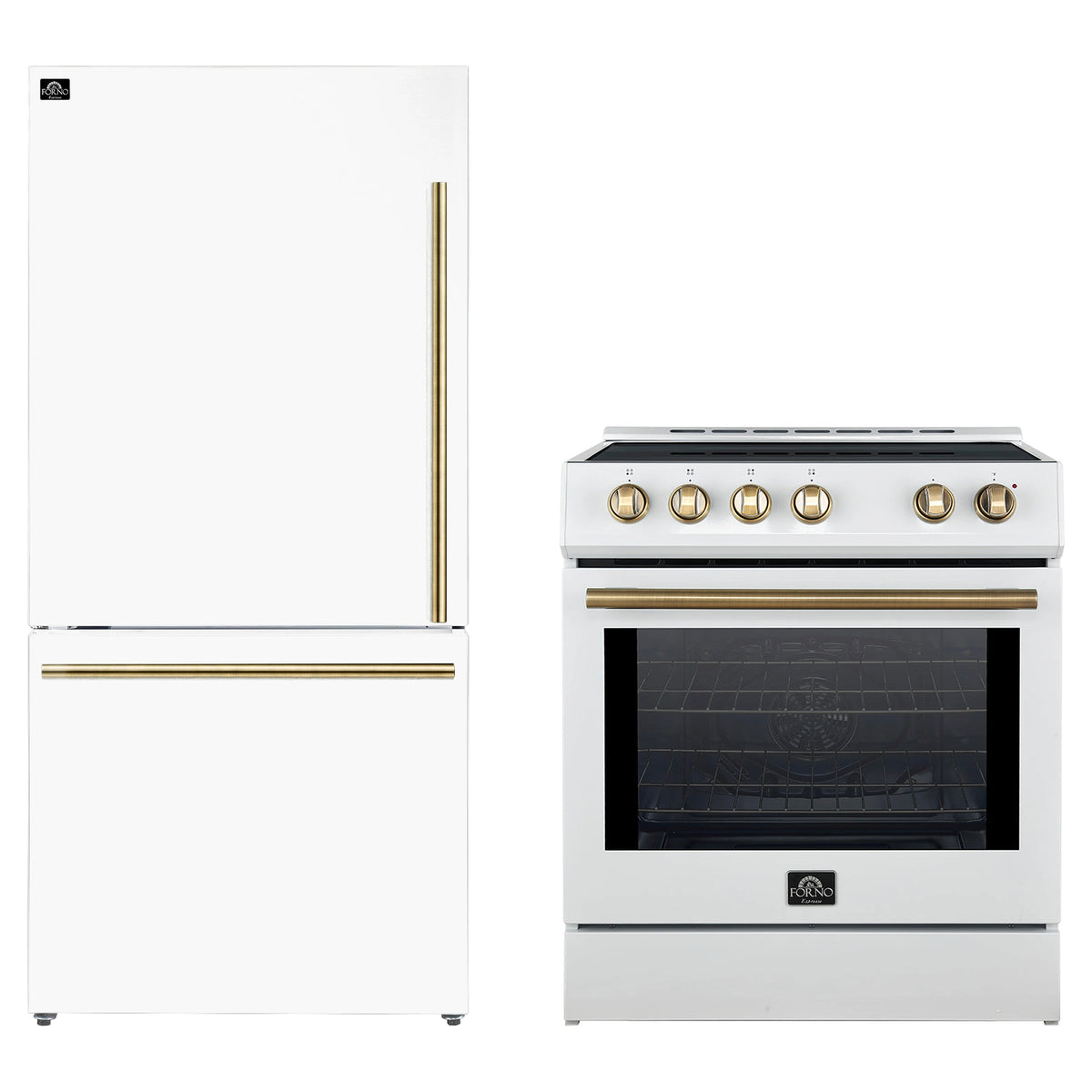 Forno 2-Piece Appliance Package - 30-Inch Slide-In Induction Range and 31-Inch Refrigerator, Left Hinge in White with Antique Brass Trim (FBDL-014-07CAUS)