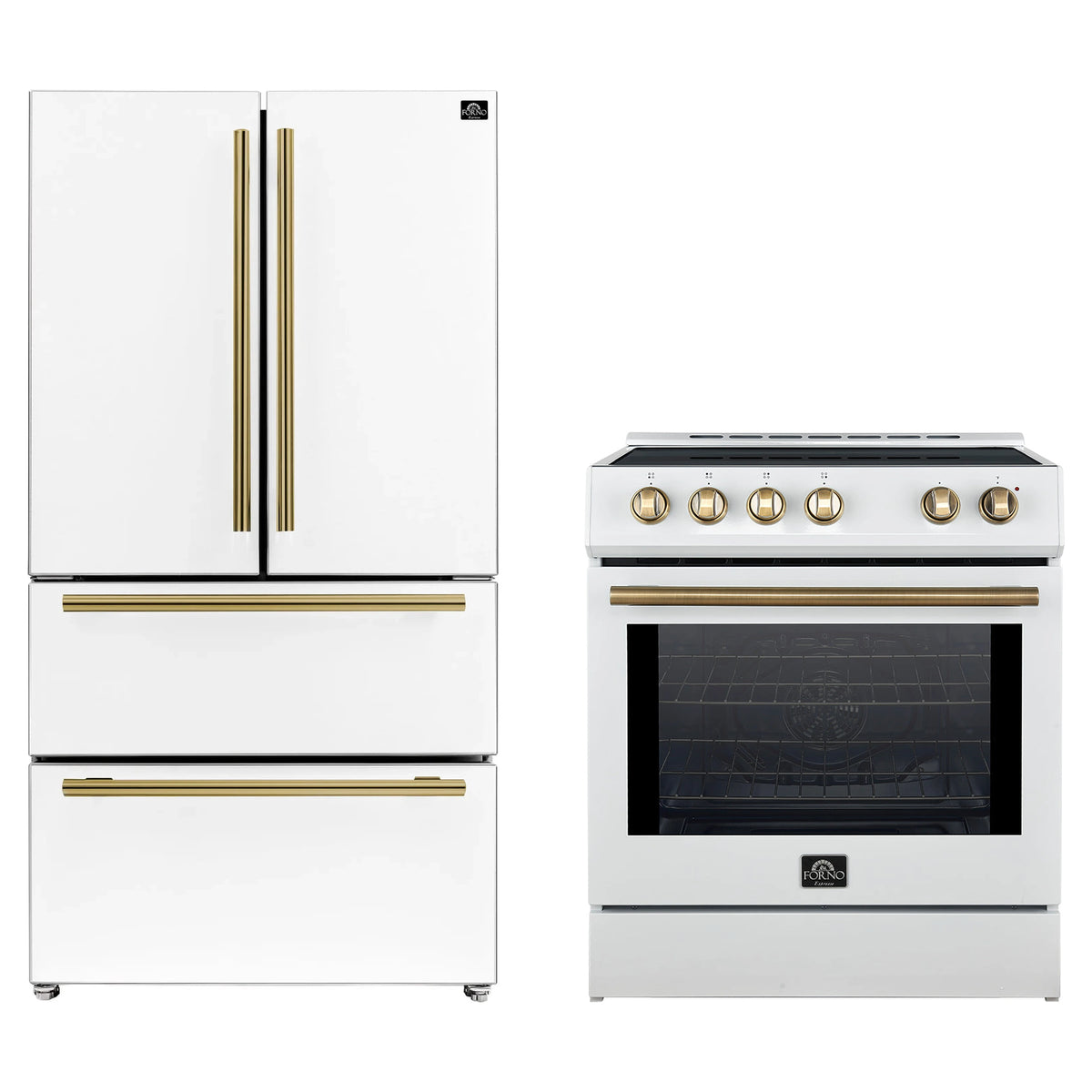 Forno 2-Piece Appliance Package - 30-Inch Slide-In Induction Range and 36-Inch French Door Refrigerator in White with Antique Brass Trim (FBDL-014-08CAUS)