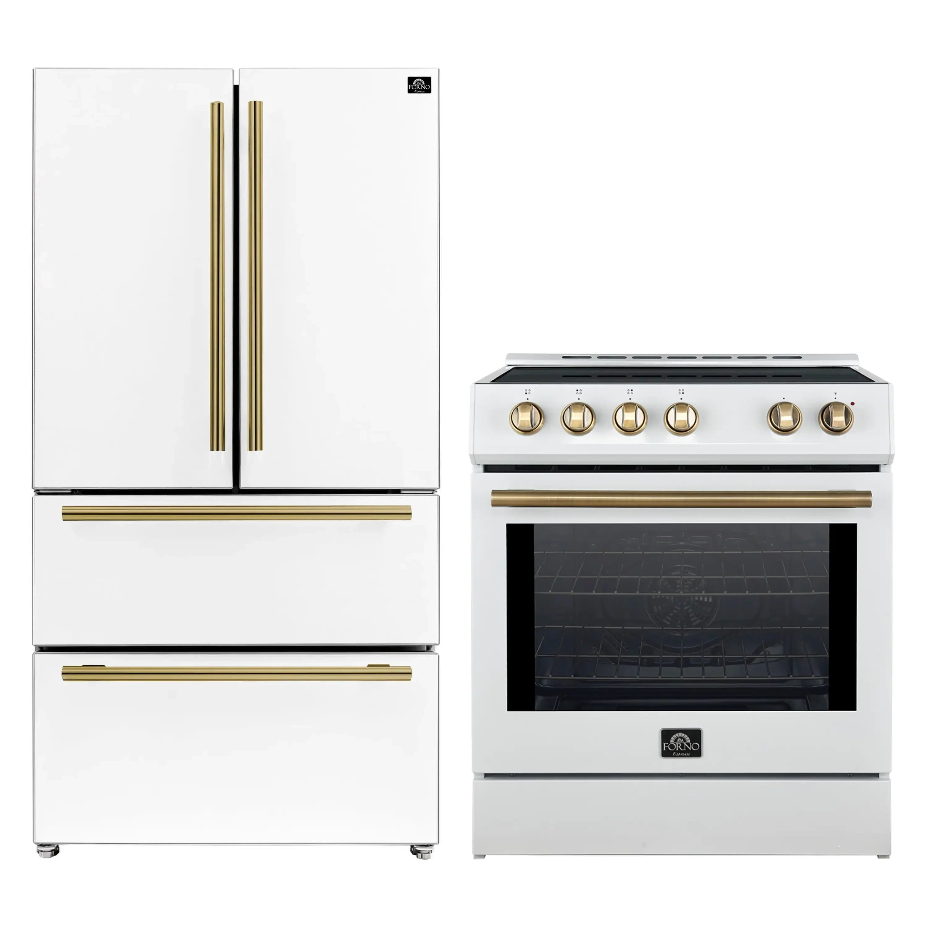 White French door refrigerator and white slide-in induction range with antique brass handles