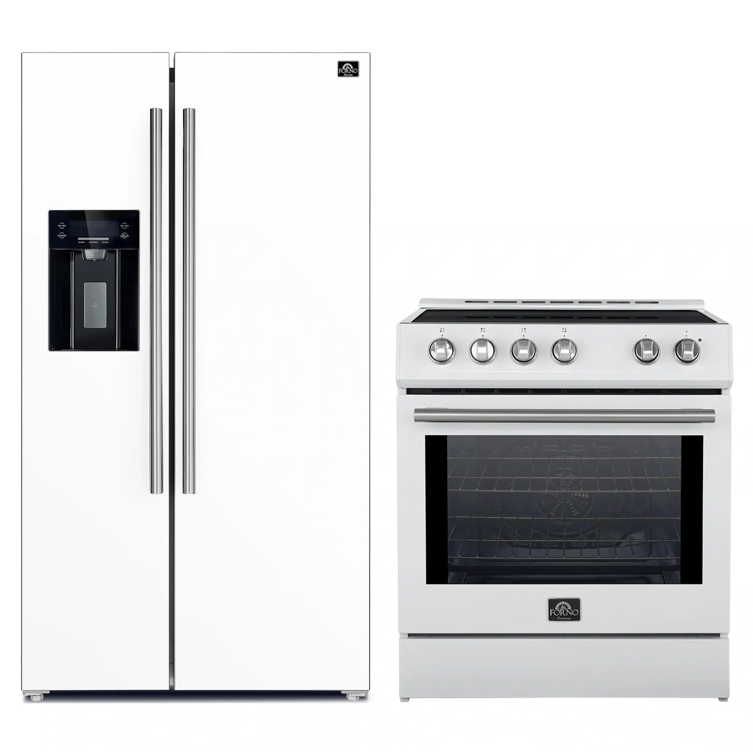 White side-by-side refrigerator and white slide-in induction range with stainless accents