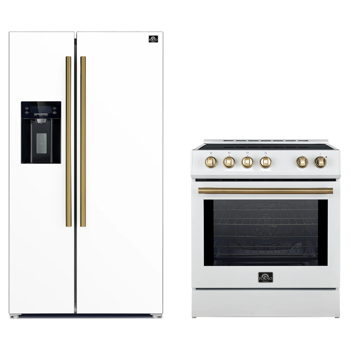 Forno 2-Piece Appliance Package - 30-Inch Slide-In Induction Range and 36-Inch Side by Side Refrigerator with Water Dispenser in White with Antique Brass Trim (FBDL-014-09CAUS)