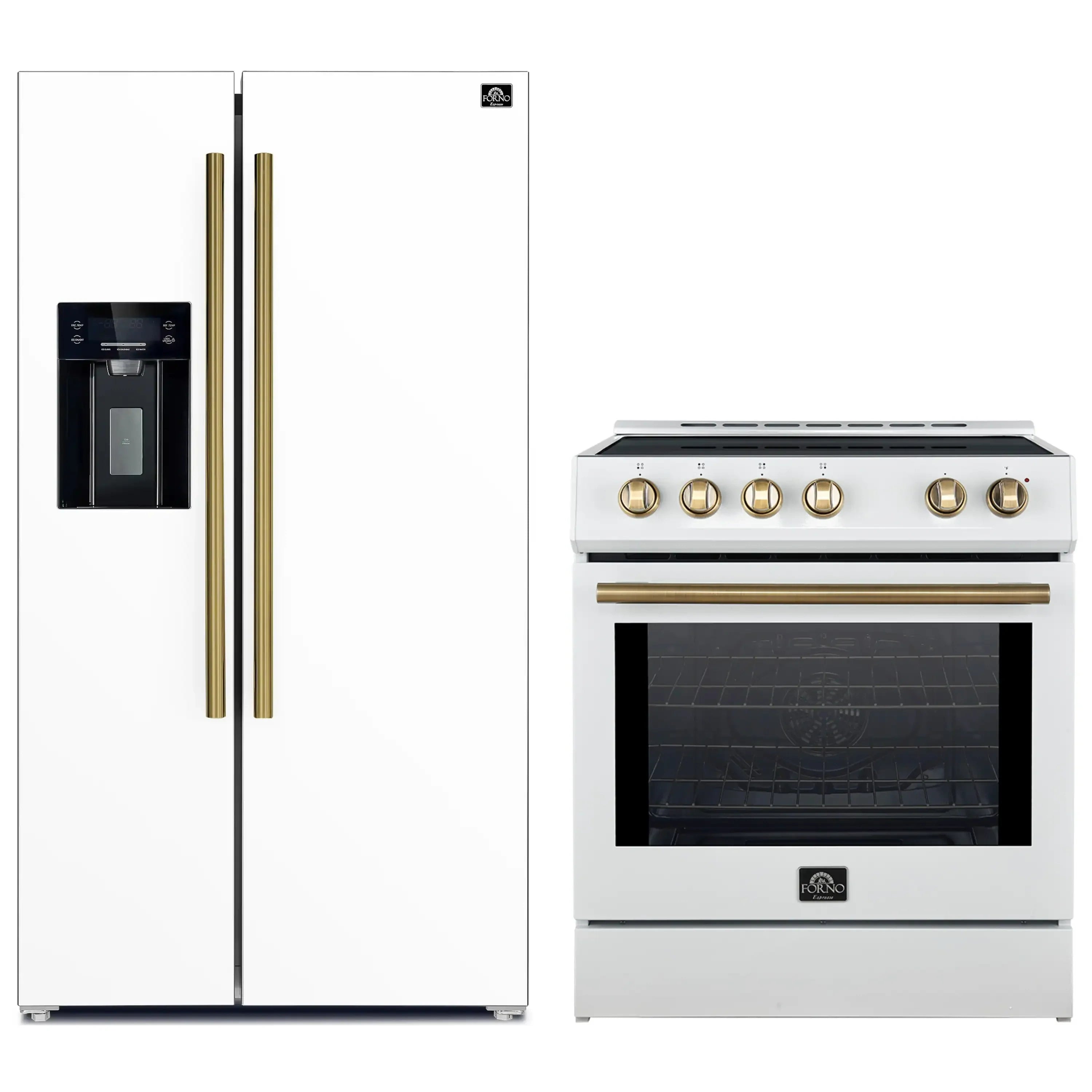 White side-by-side refrigerator with water dispenser and slide-in induction range