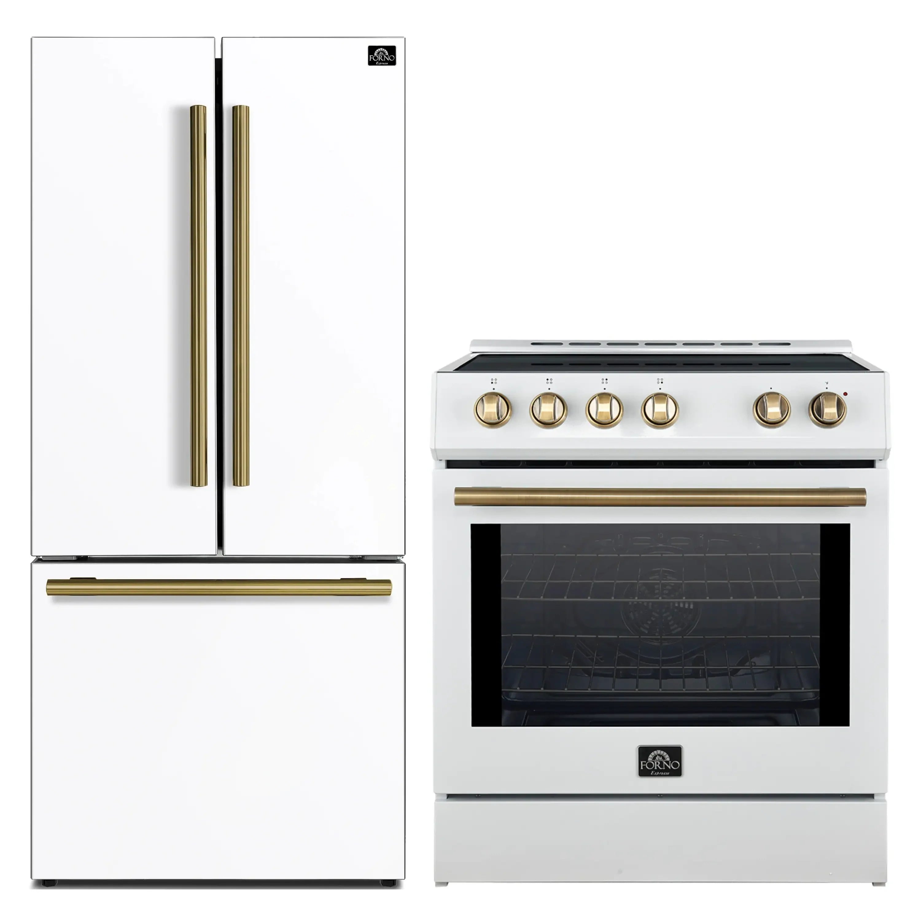 Forno white French door refrigerator and slide-in induction range with brass handles