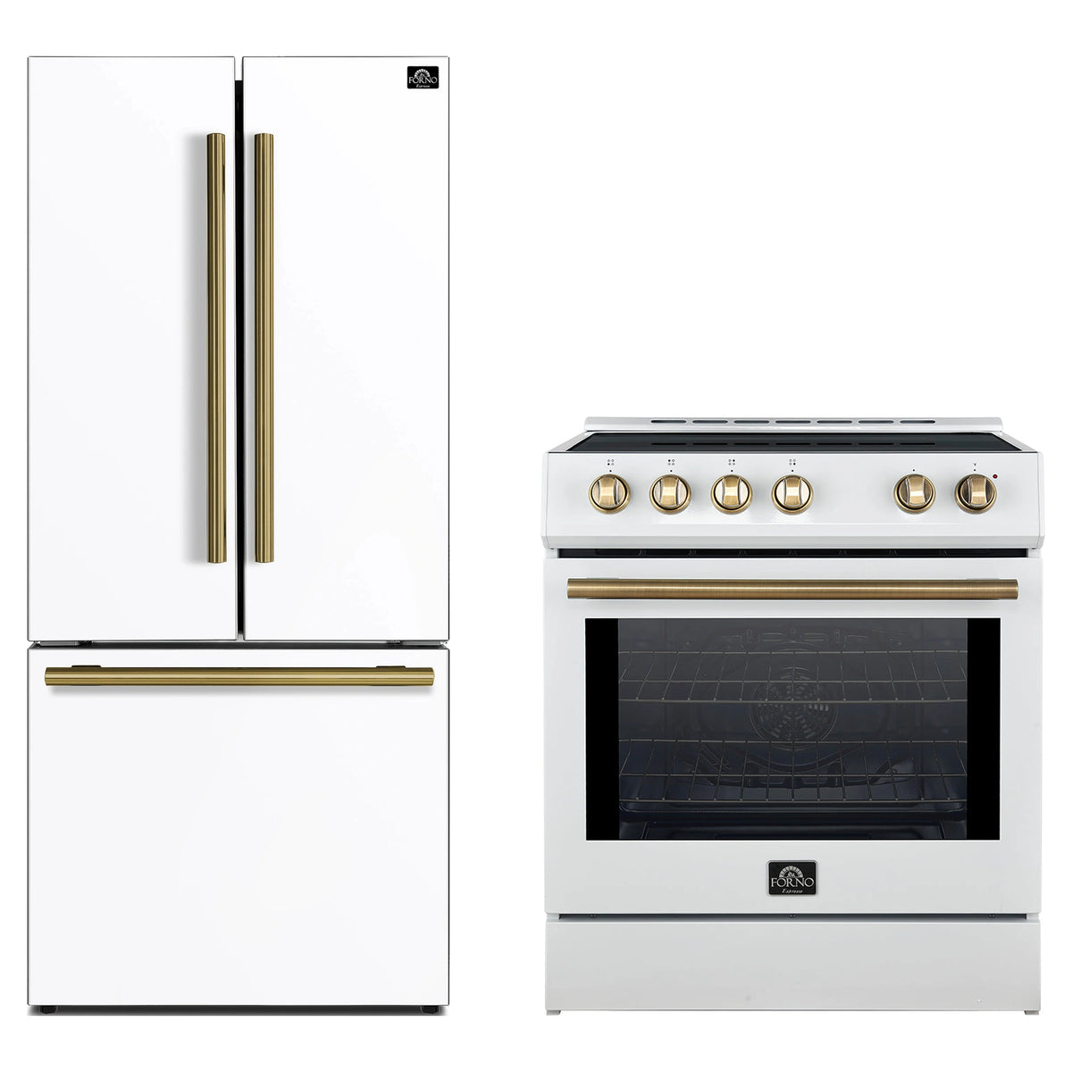 Forno 2-Piece Appliance Package - 30-Inch Slide-In Induction Range and 30-Inch French Door Refrigerator in White with Antique Brass Trim (FBDL-014-10CAUS)