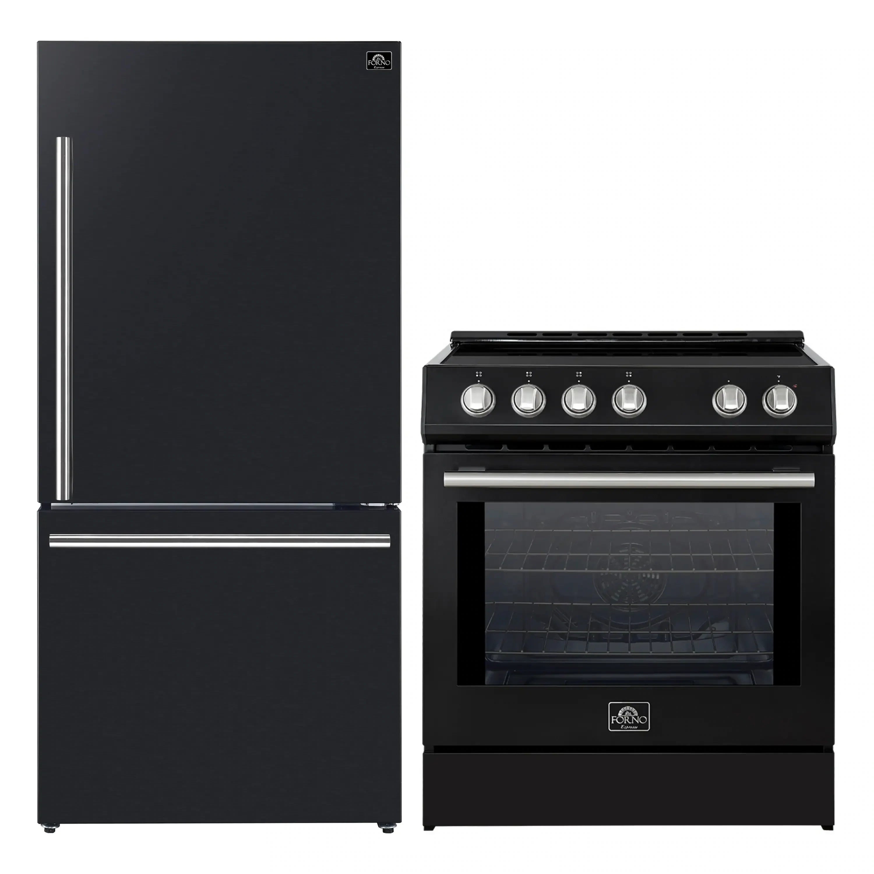 Black refrigerator and slide-in induction range with stainless control knobs