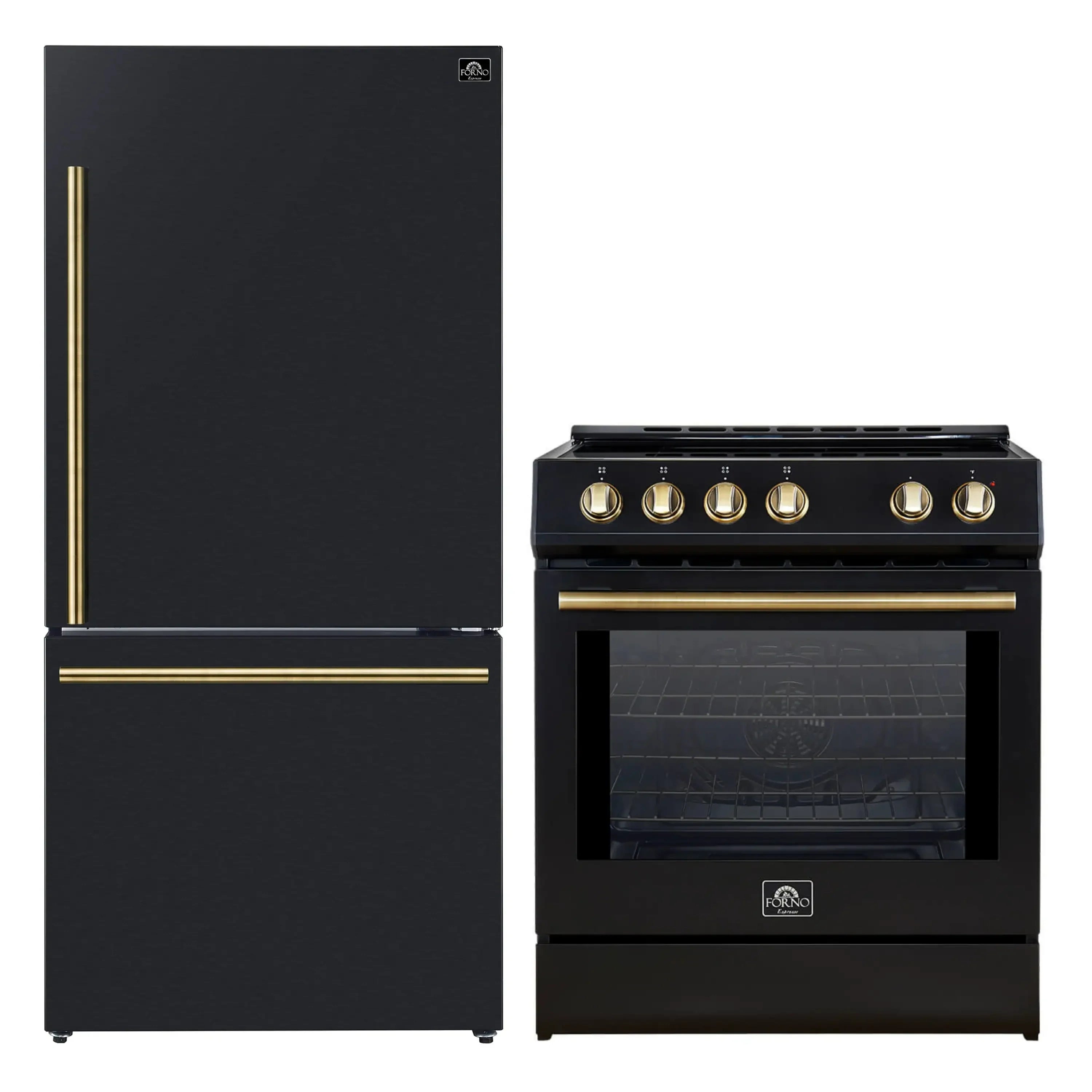 Black refrigerator and induction range set with antique brass knobs and handles