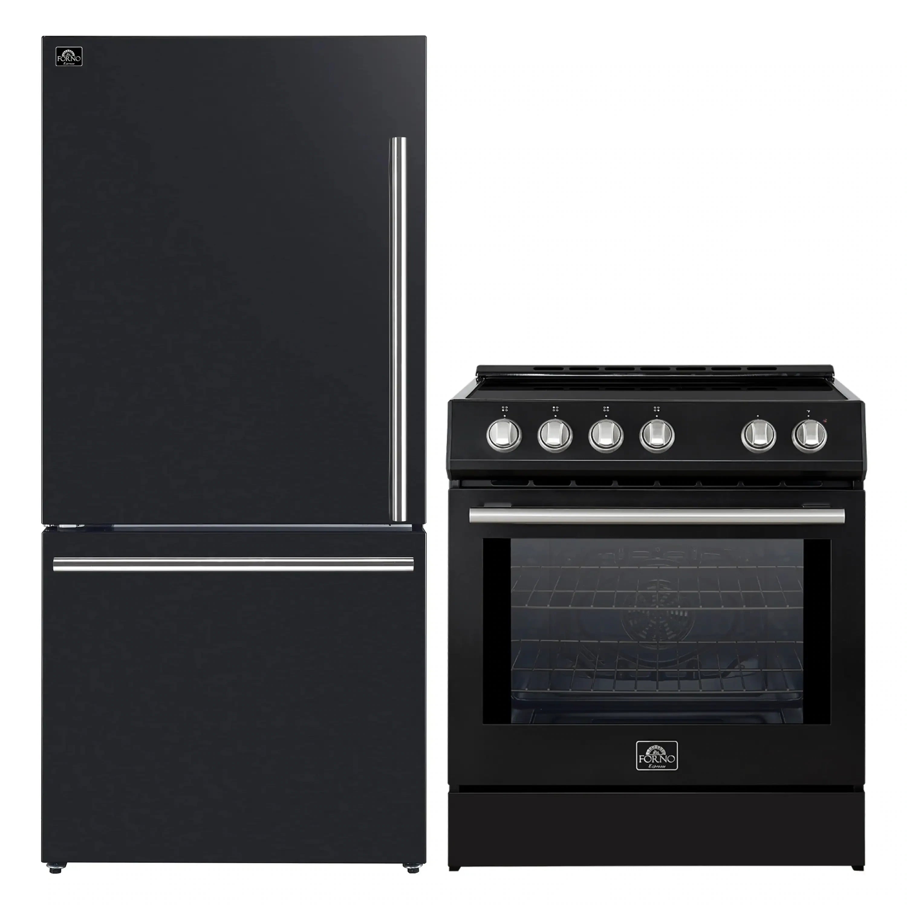 Black refrigerator and slide-in range combo with stainless control panel
