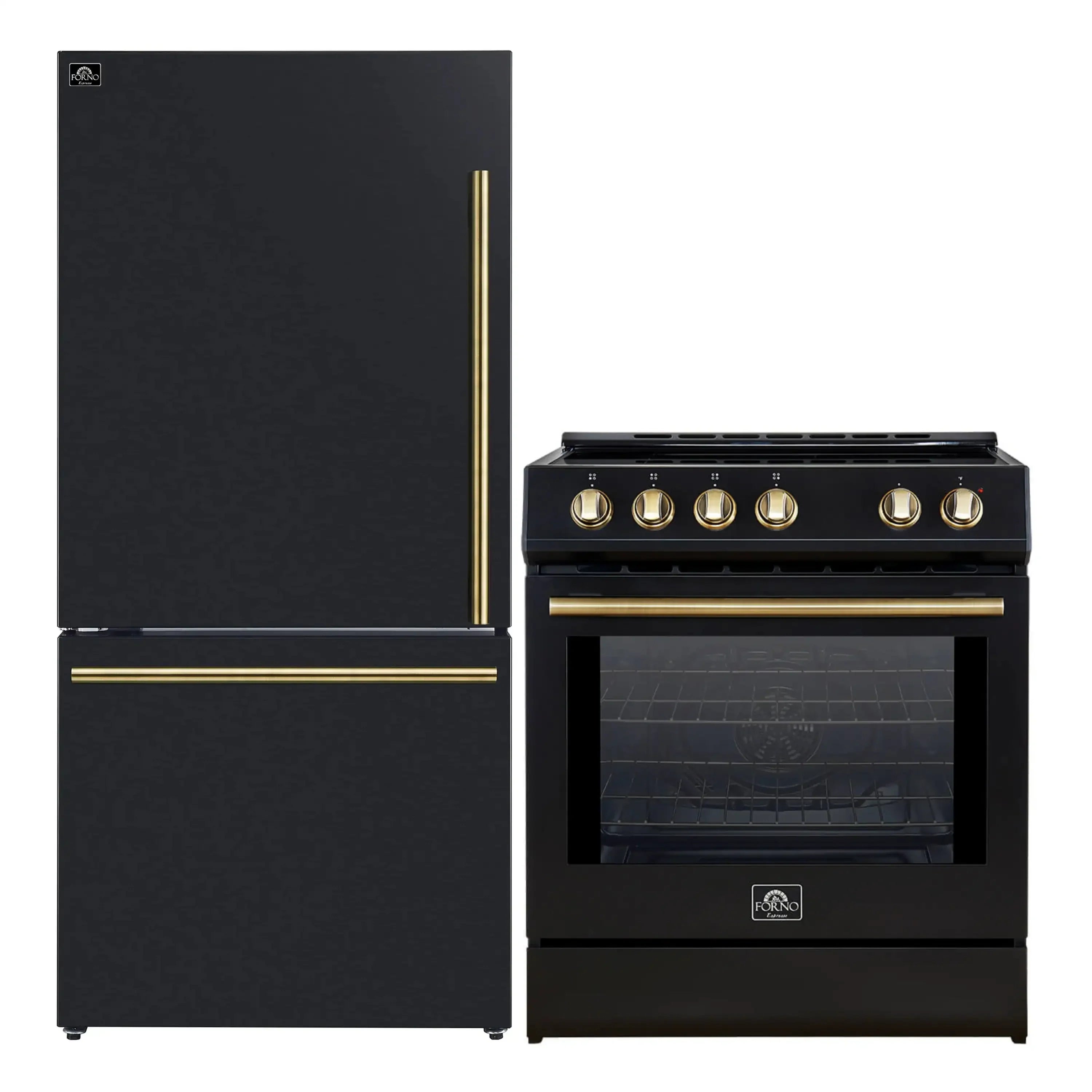 Black slide-in induction range with antique brass knobs and black refrigerator side-by-side