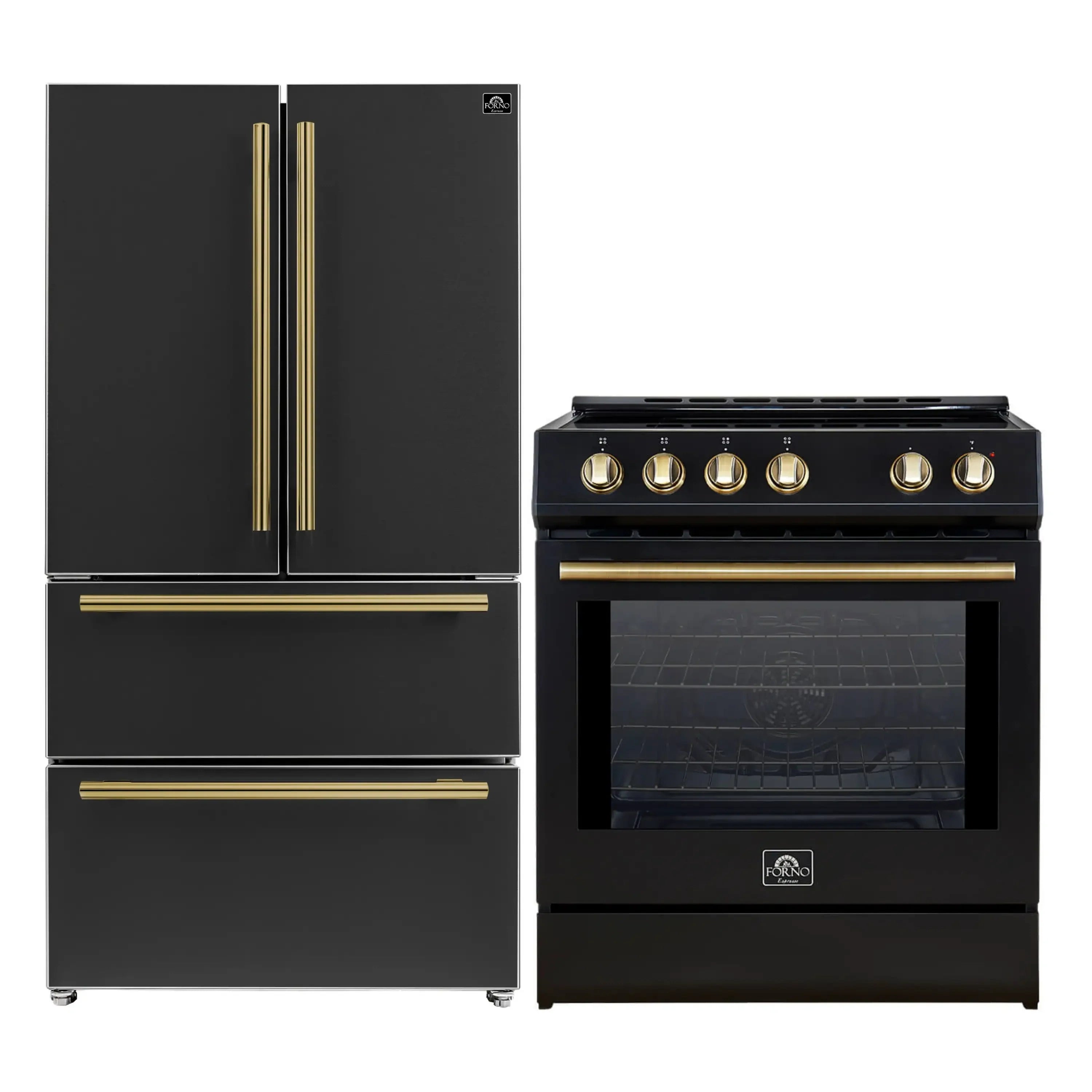 Black French door refrigerator and black induction range with antique brass accents