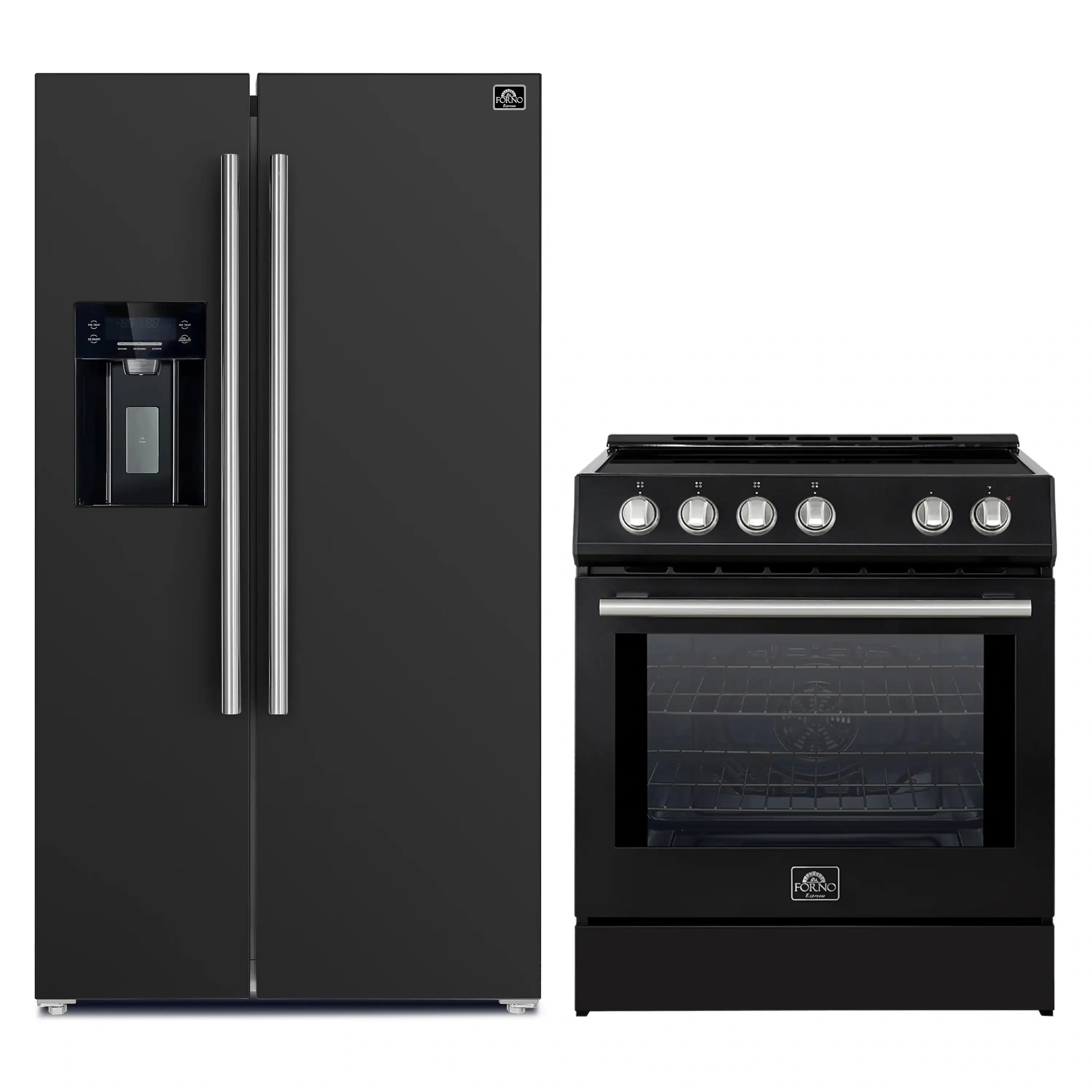 Black side-by-side refrigerator and slide-in induction range with stainless control knobs