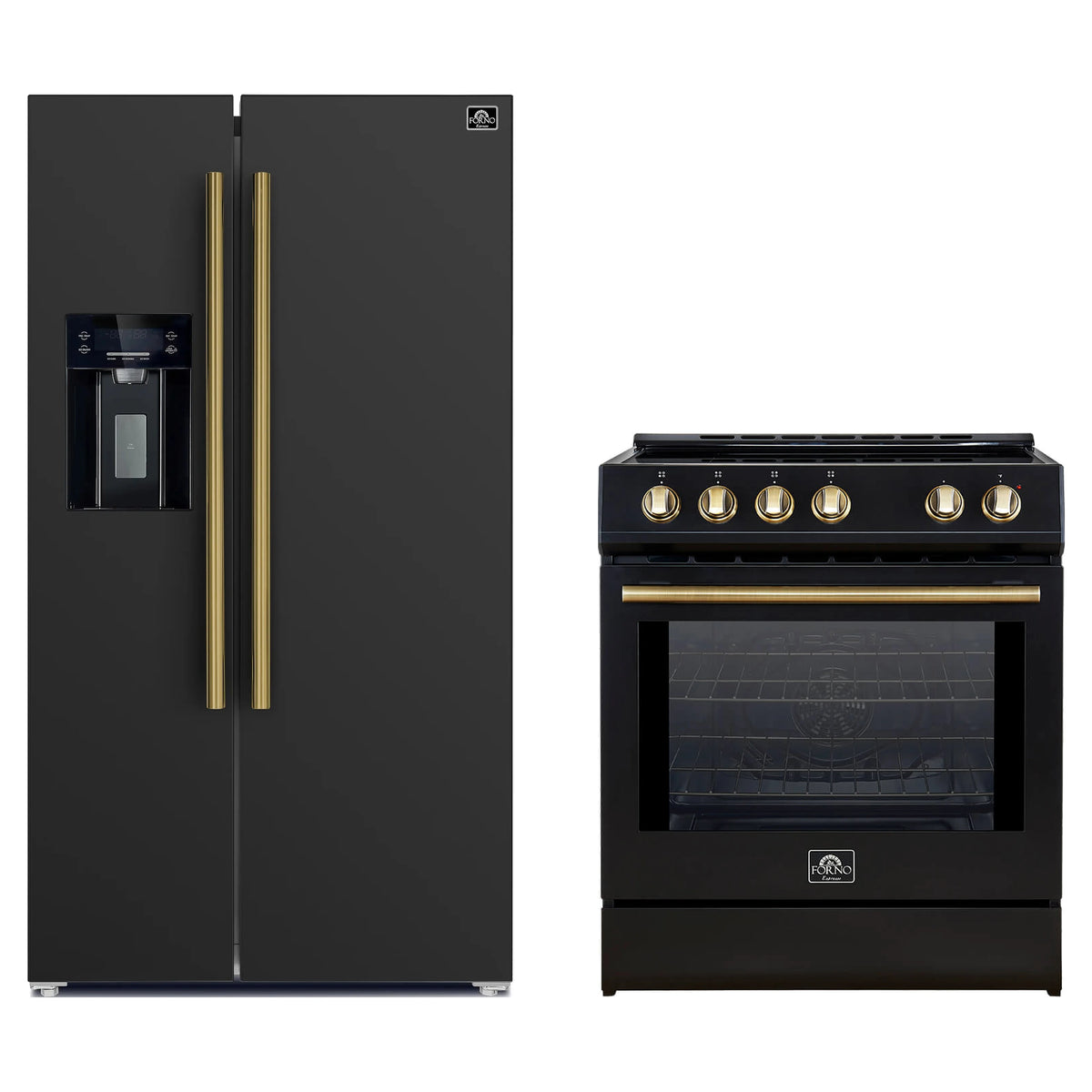 Forno 2-Piece Appliance Package - 30-Inch Slide-In Induction Range and 36-Inch Side by Side Refrigerator with Water Dispenser in Black with Antique Brass Trim (FBDL-014-14CAUS)