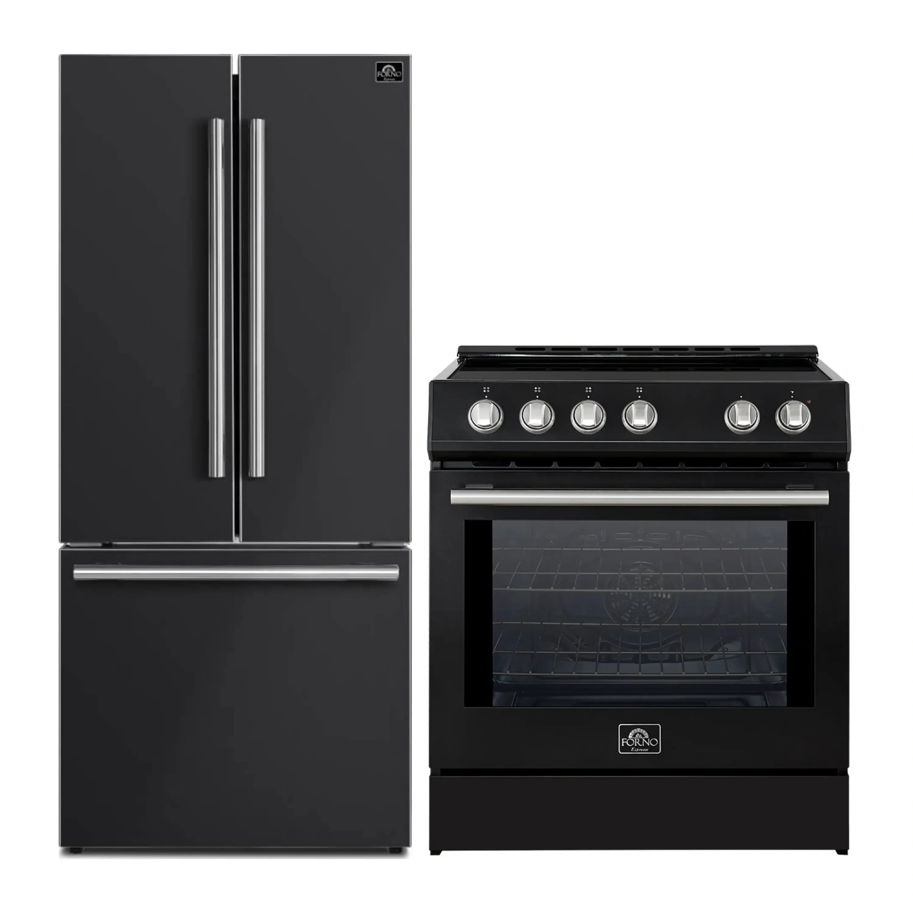 Black refrigerator with stainless handles and black slide-in induction range