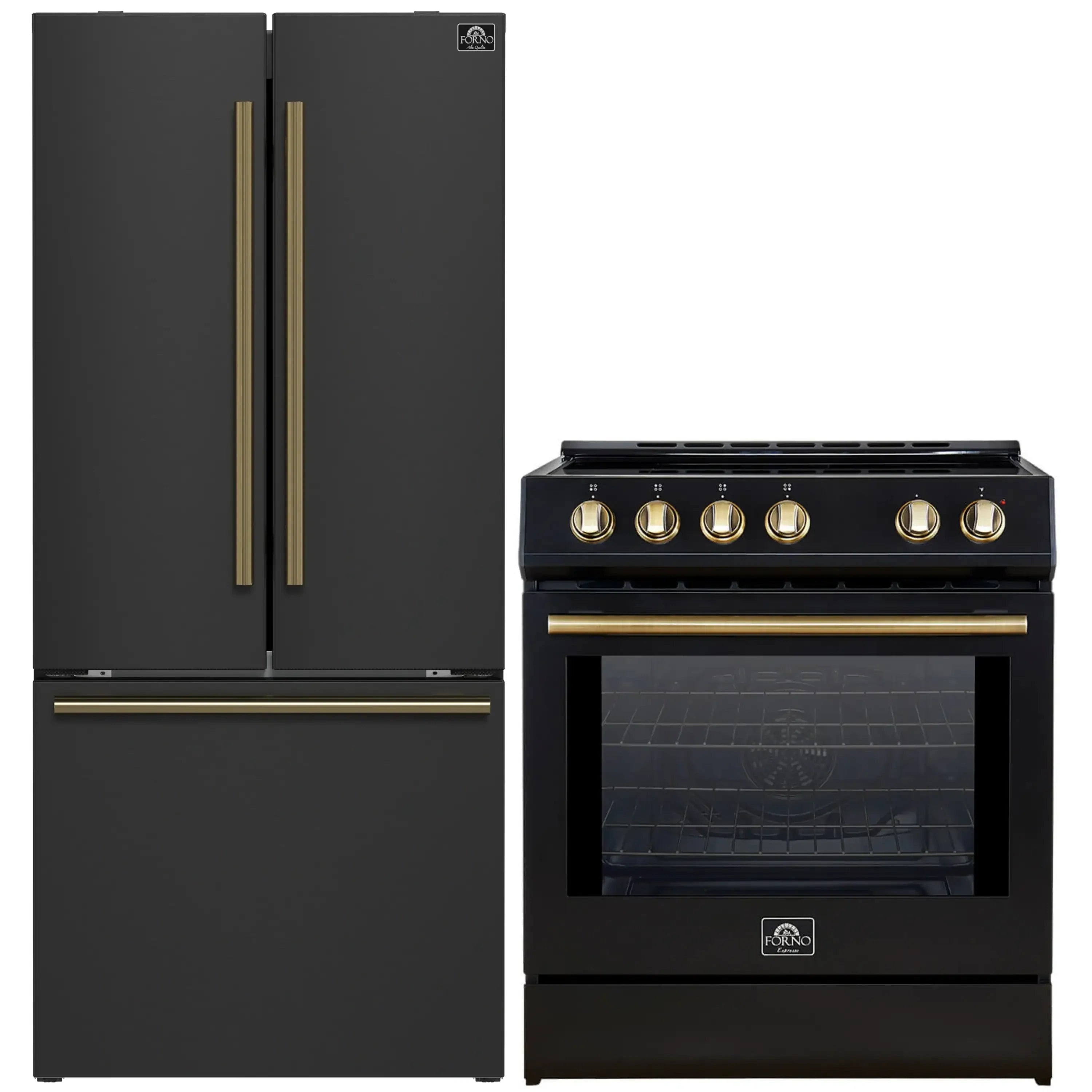 Black French door refrigerator and slide-in range with brass handle accents