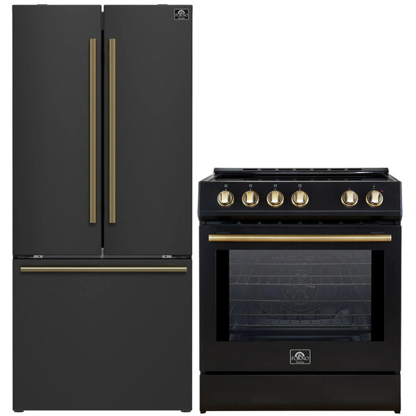 Forno 2-Piece Appliance Package - 30-Inch Slide-In Induction Range and 30-Inch French Door Refrigerator in Black with Antique Brass Handle (FBDL-014-15CAUS)