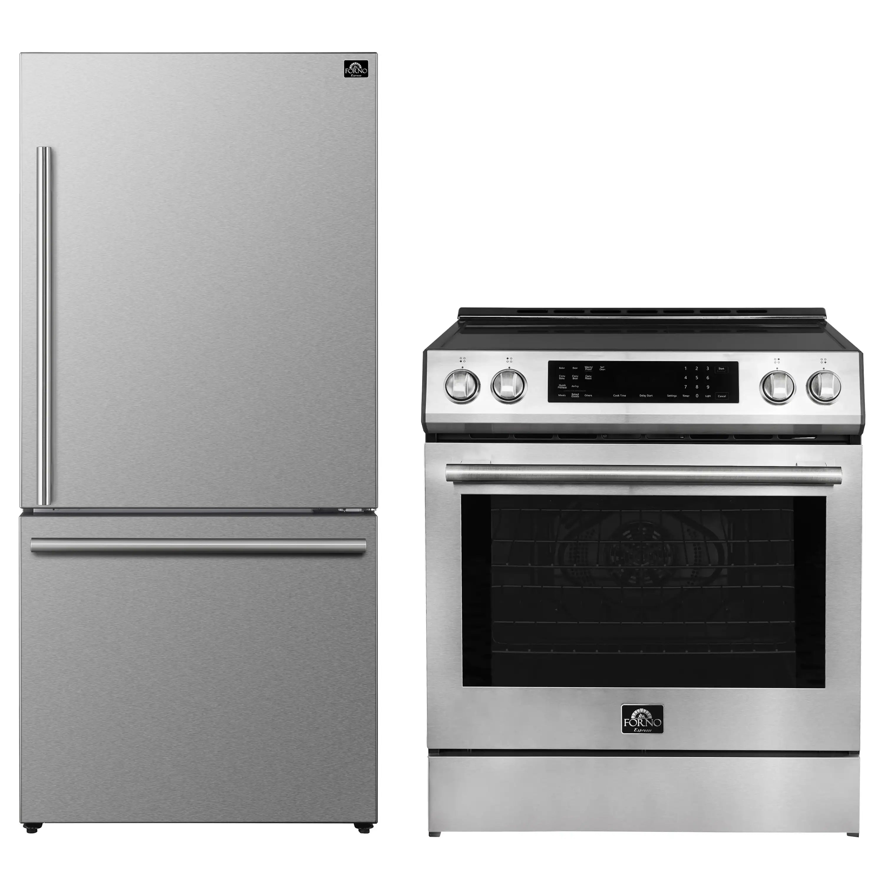 Stainless steel 2-piece appliance set: refrigerator and induction range with digital controls