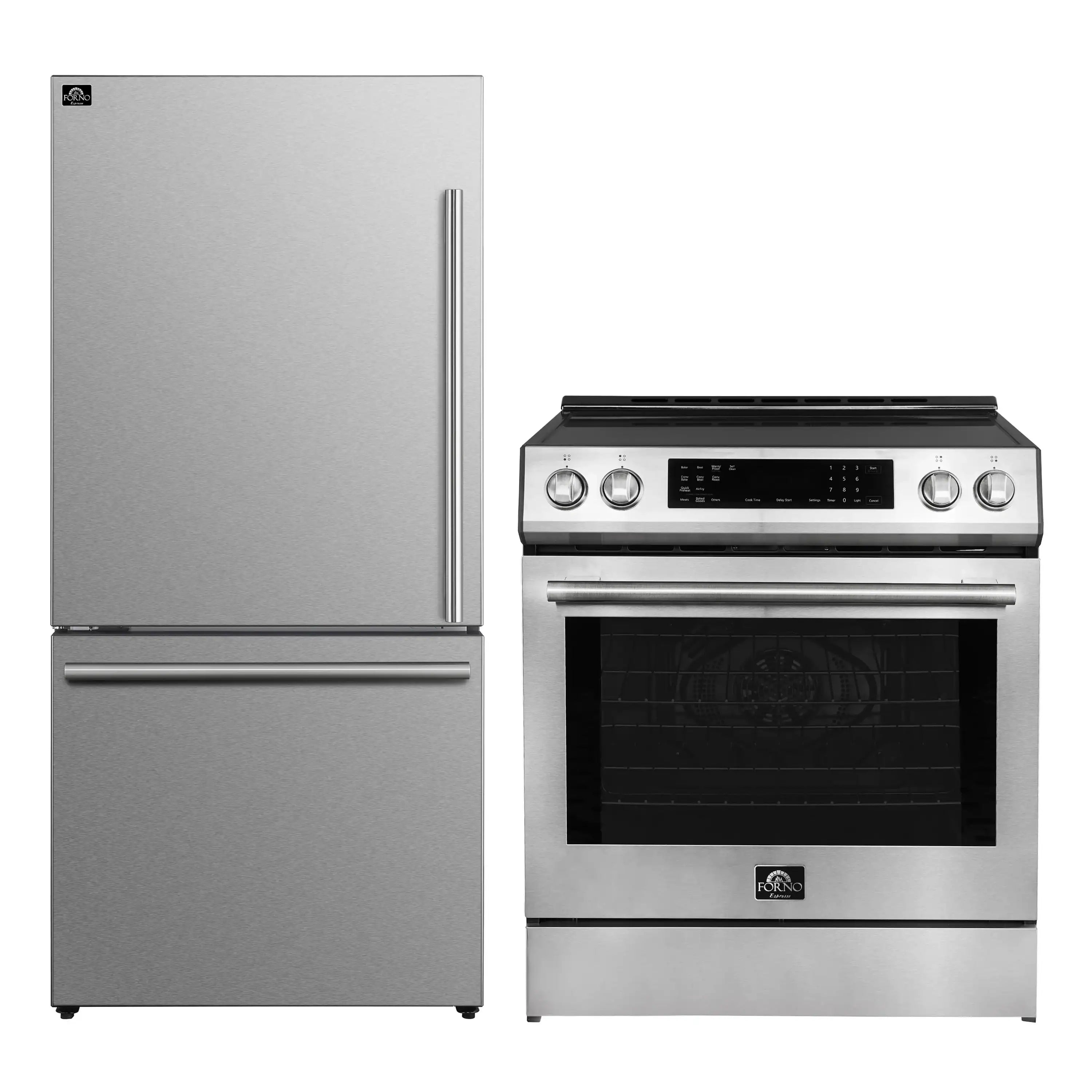 Stainless steel induction range and refrigerator side by side, control panel visible