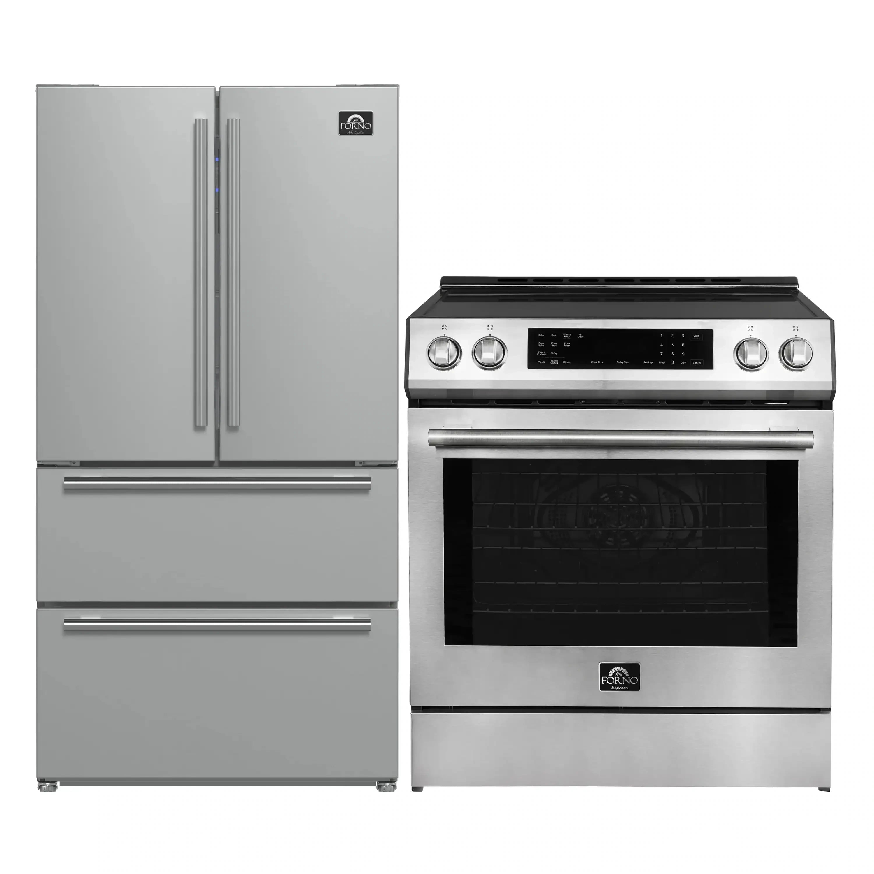 Stainless steel French door refrigerator beside induction range with black oven window
