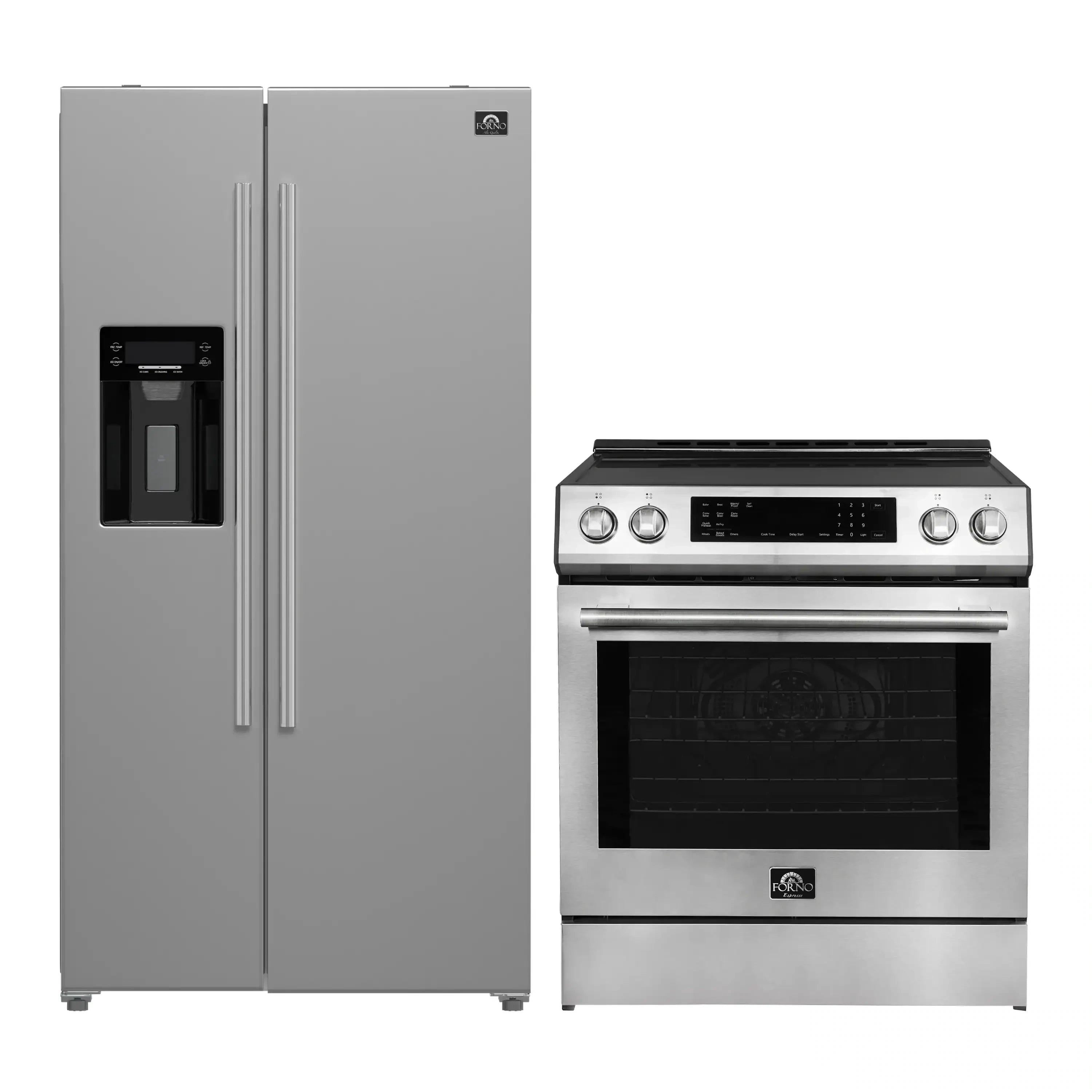 Stainless steel side-by-side refrigerator with water dispenser and induction range