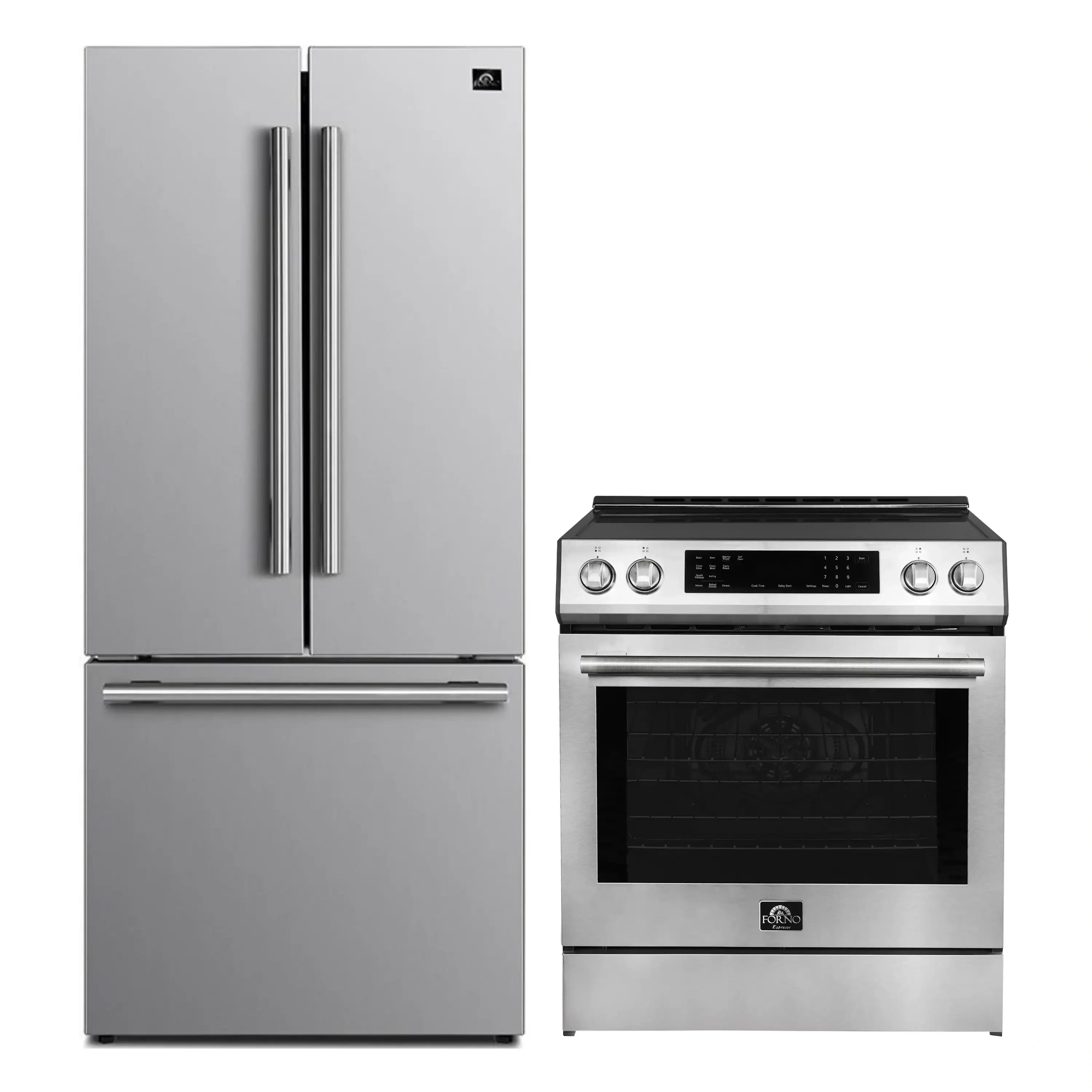Stainless steel French door refrigerator and induction range with oven door