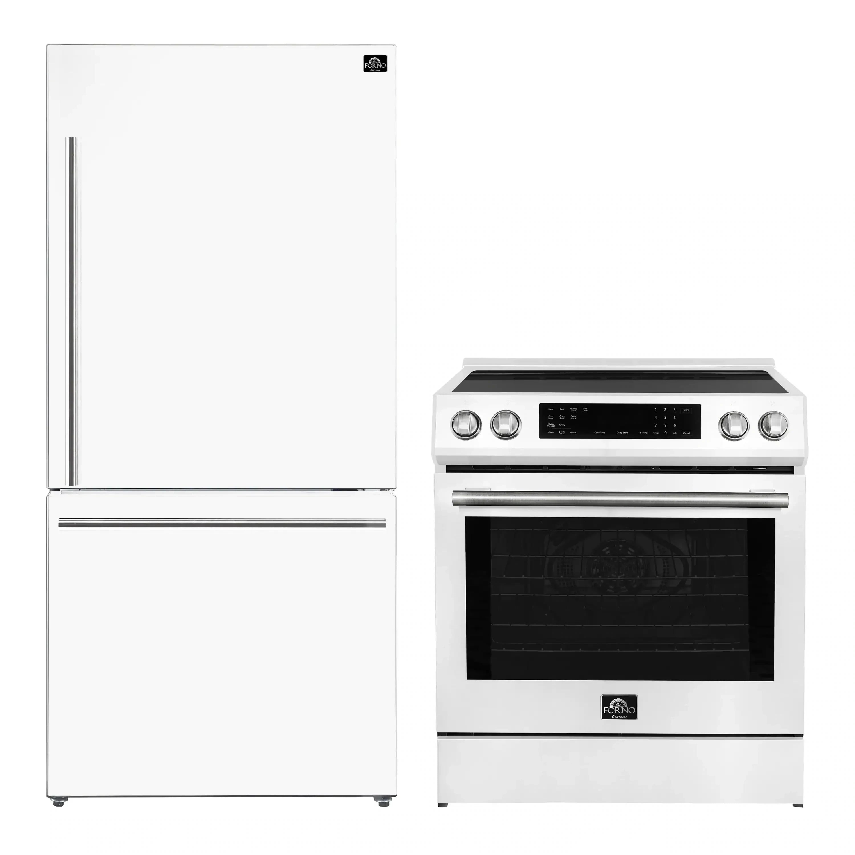 White refrigerator and induction range combo with stainless steel handles and control panel