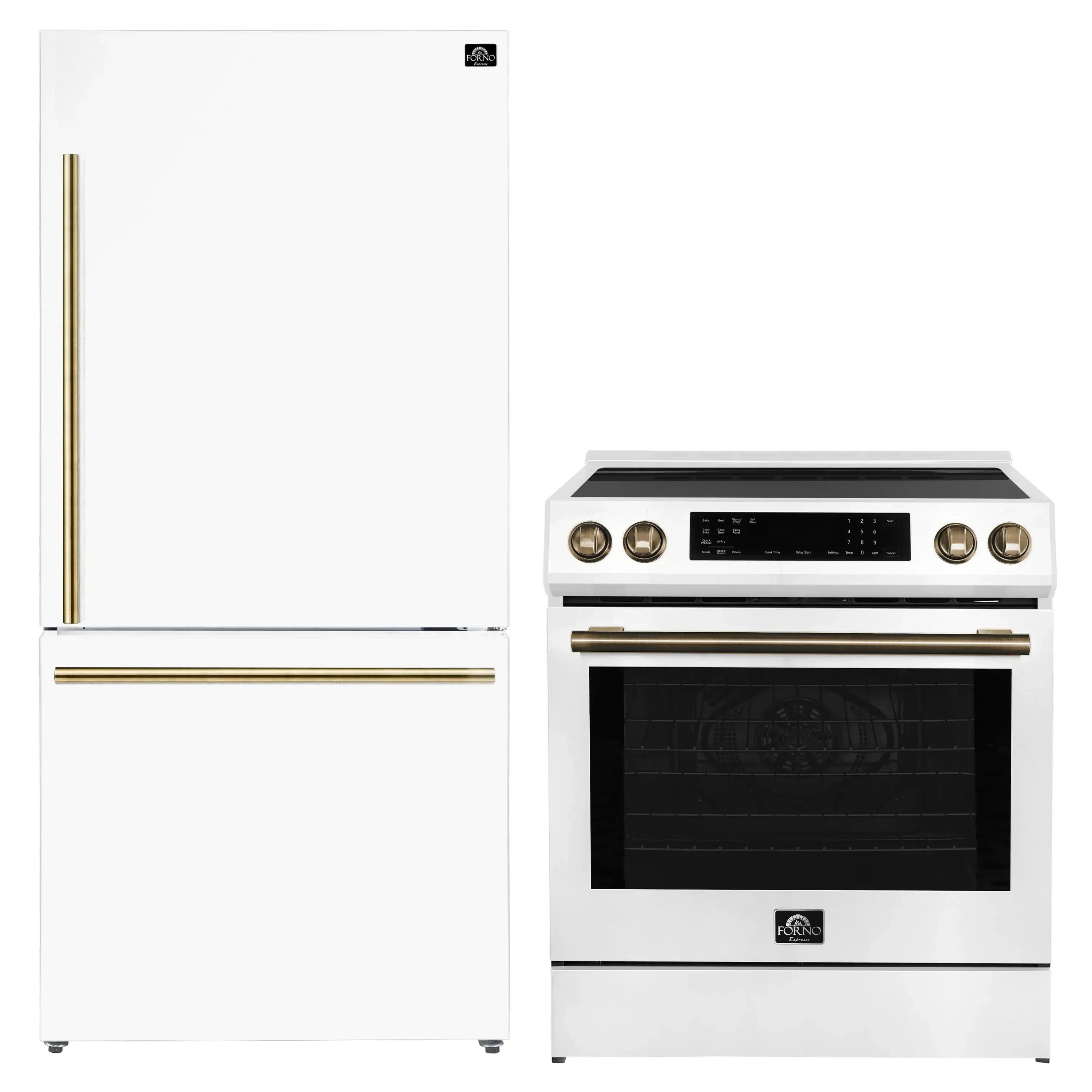 White refrigerator and 30-inch induction range combo with antique brass handles