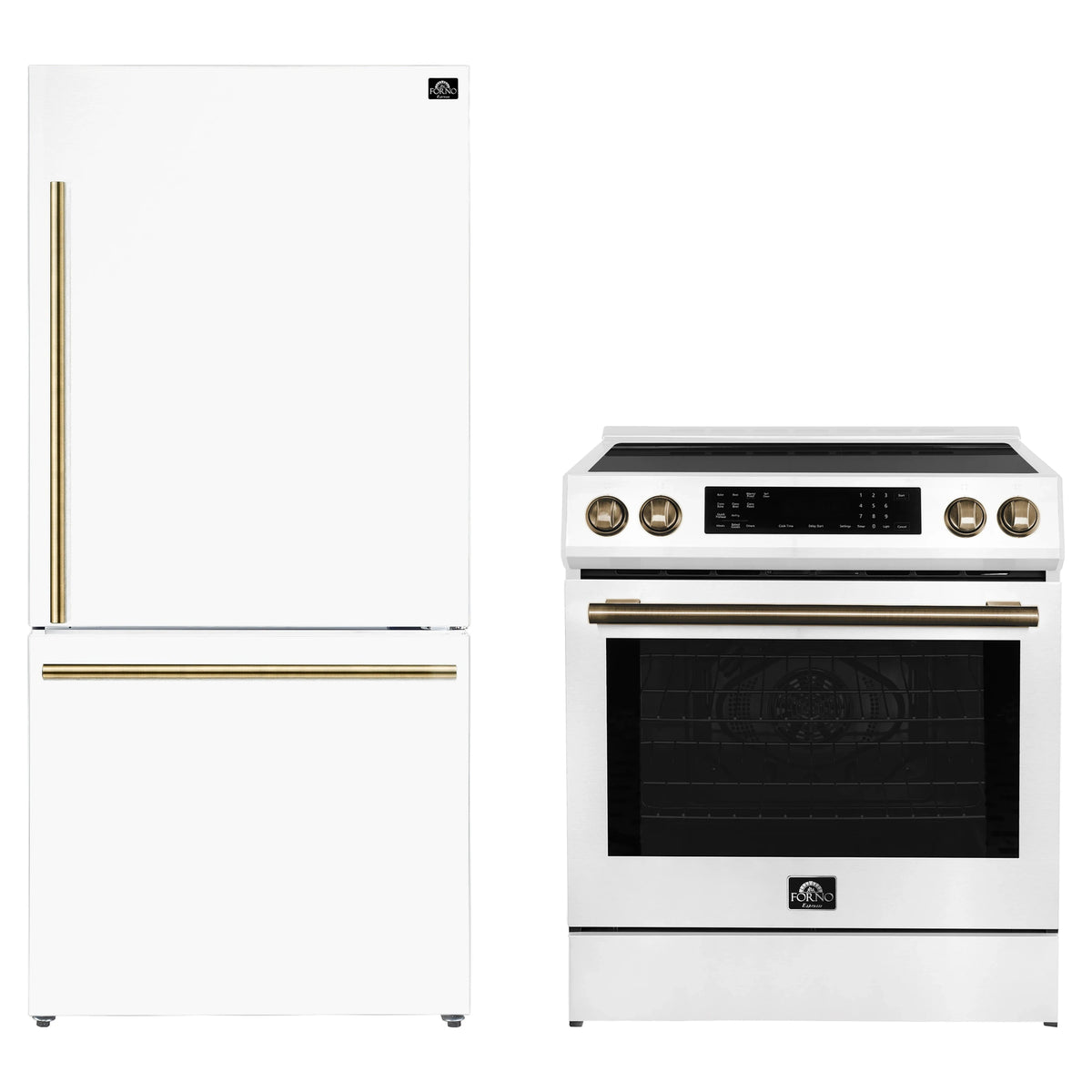 Forno 2-Piece Appliance Package - 30-Inch Induction Range and 31-Inch Refrigerator, Right Hinge in White with Antique Brass Trim (FBDL-015-06CAUS)