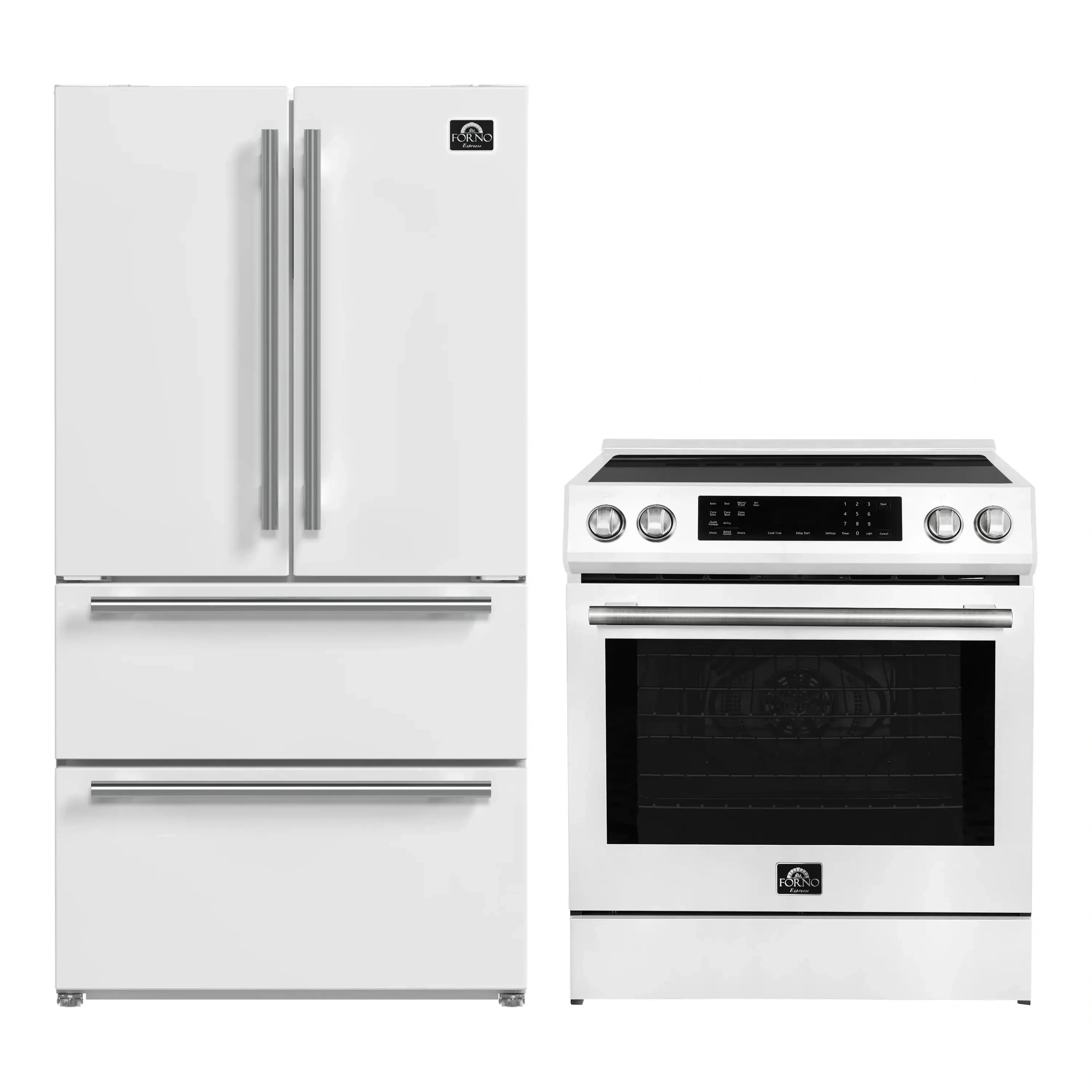 White French door refrigerator and white induction range with stainless control panel