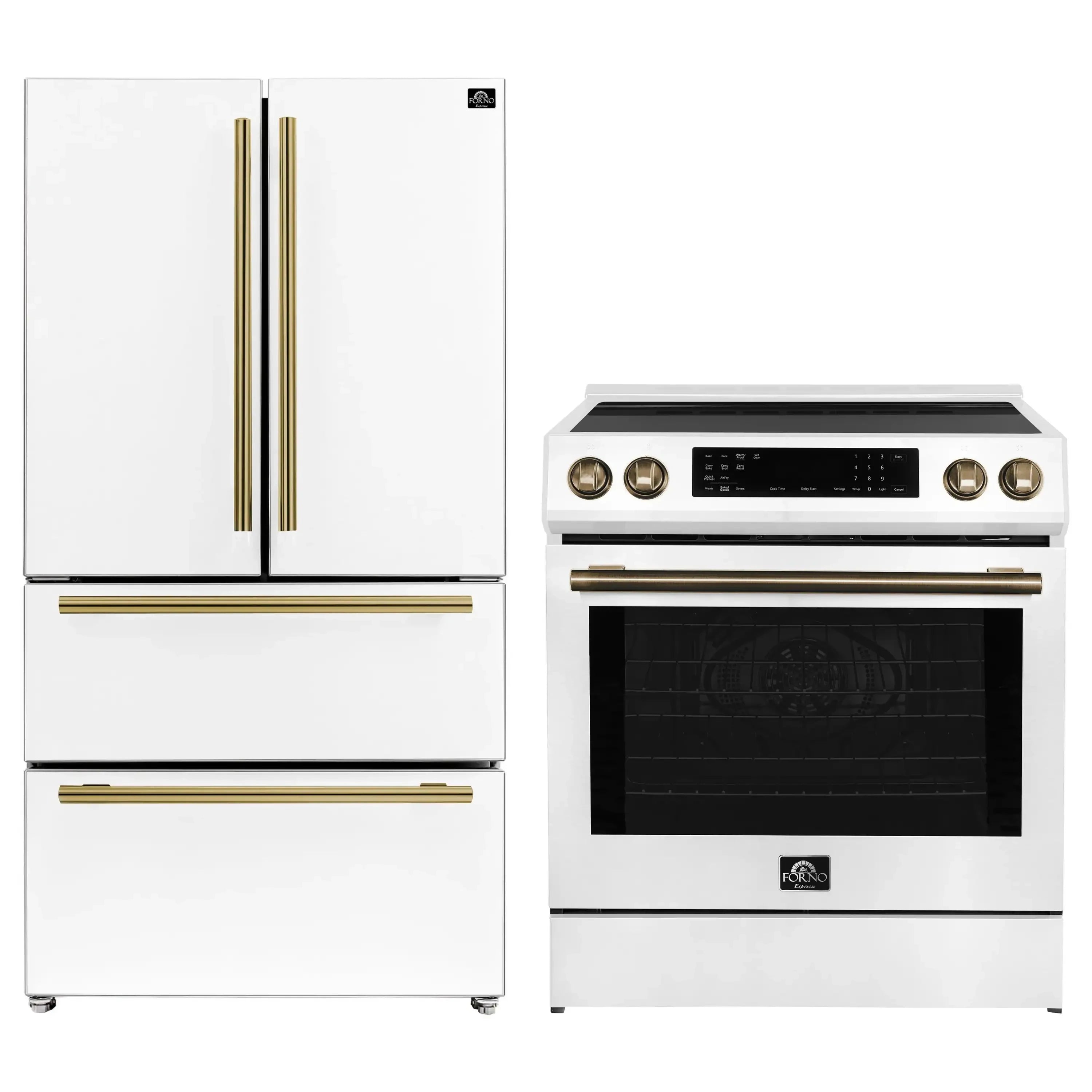 White French door refrigerator and induction range set with antique brass accents.