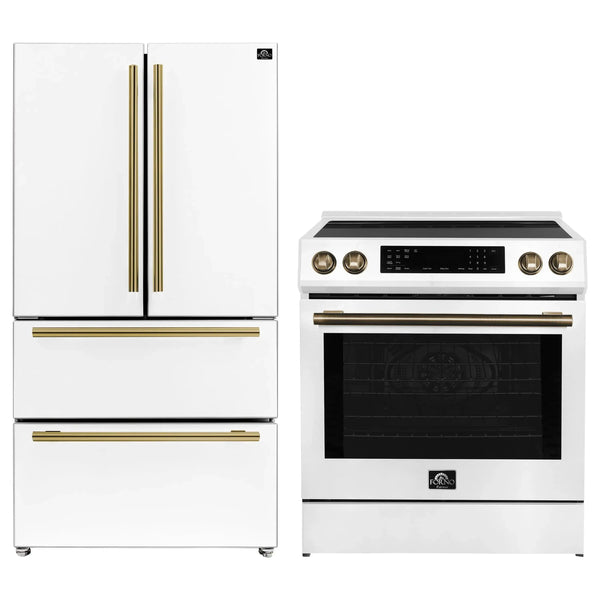 Forno 2-Piece Appliance Package - 30-Inch Induction Range and 36-Inch French Door Refrigerator in White with Antique Brass Handle (FBDL-015-08CAUS)