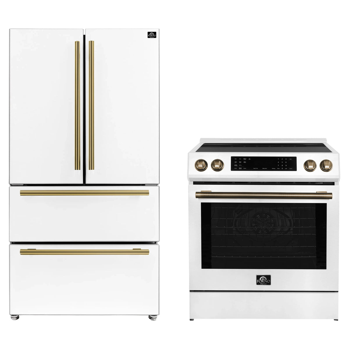 Forno 2-Piece Appliance Package - 30-Inch Induction Range and 36-Inch French Door Refrigerator in White with Antique Brass Trim (FBDL-015-08CAUS)